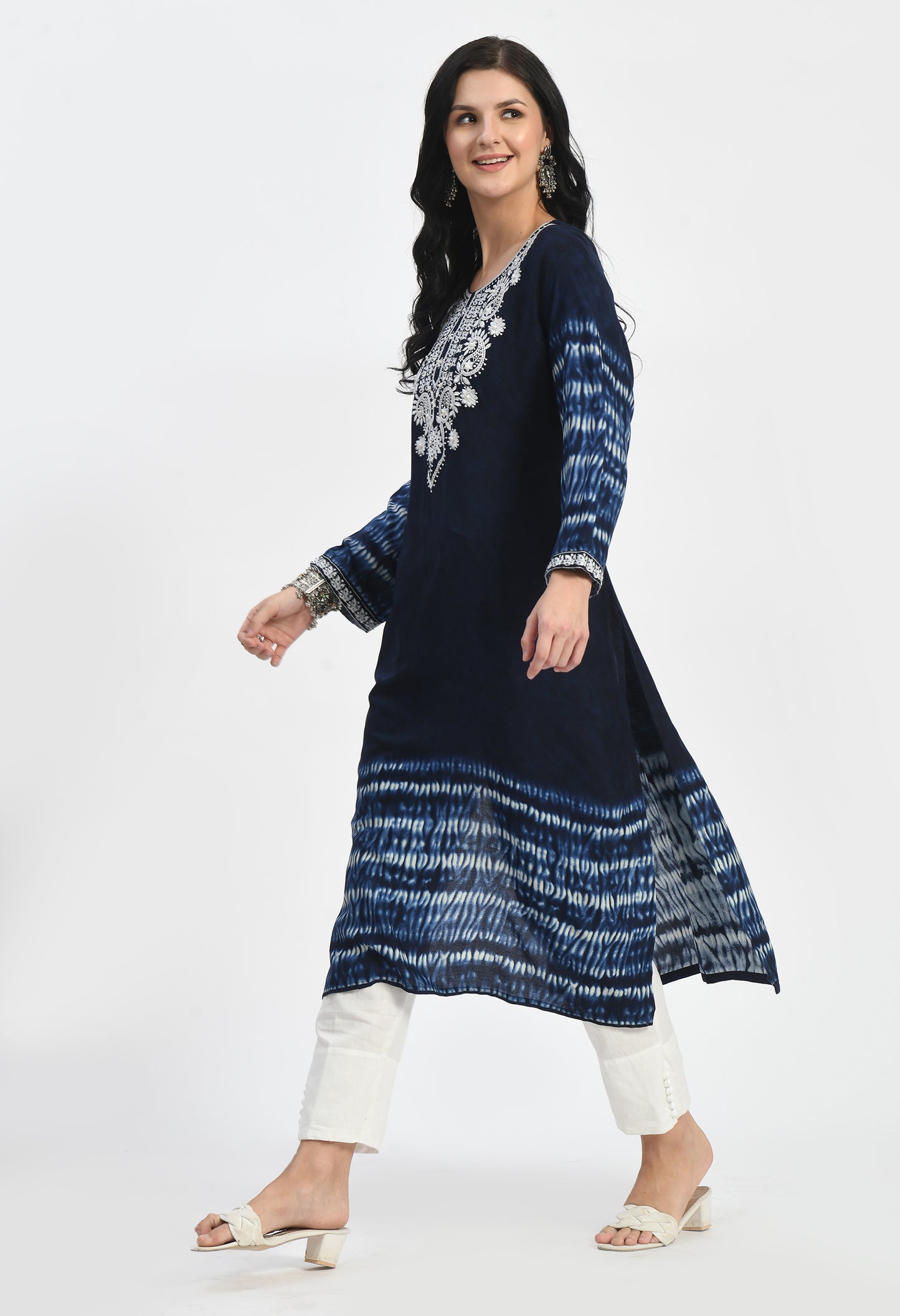 MAURYA Women's Navy Rayon Solid Straight Kurta with Lucknavy Embroidery Moti Work Kurti (MKT114)