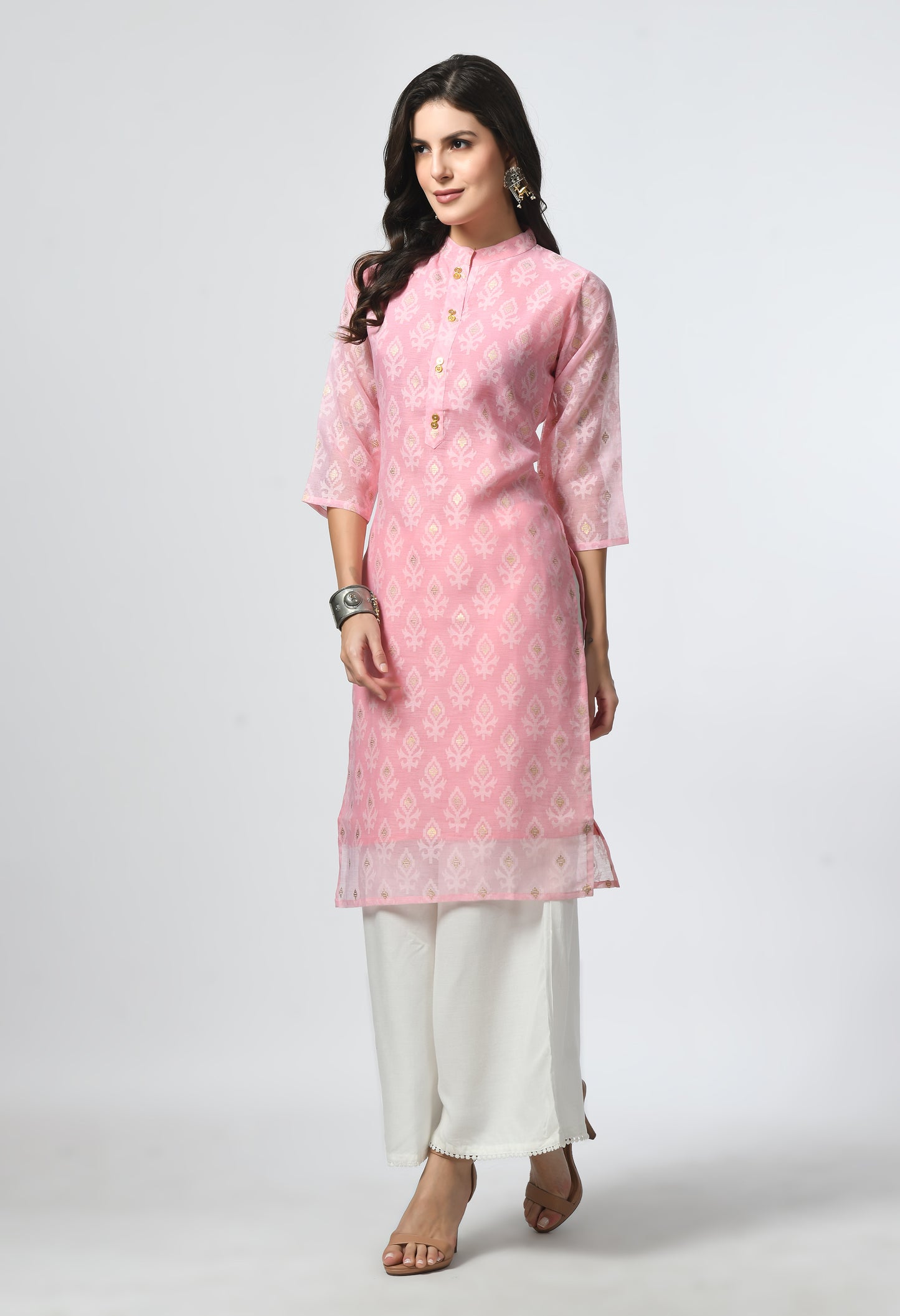 MAURYA Women's Pink Color Chanderi Braso Floral Print Straight Kurta with Cotton Lining Kurti (MKT110)