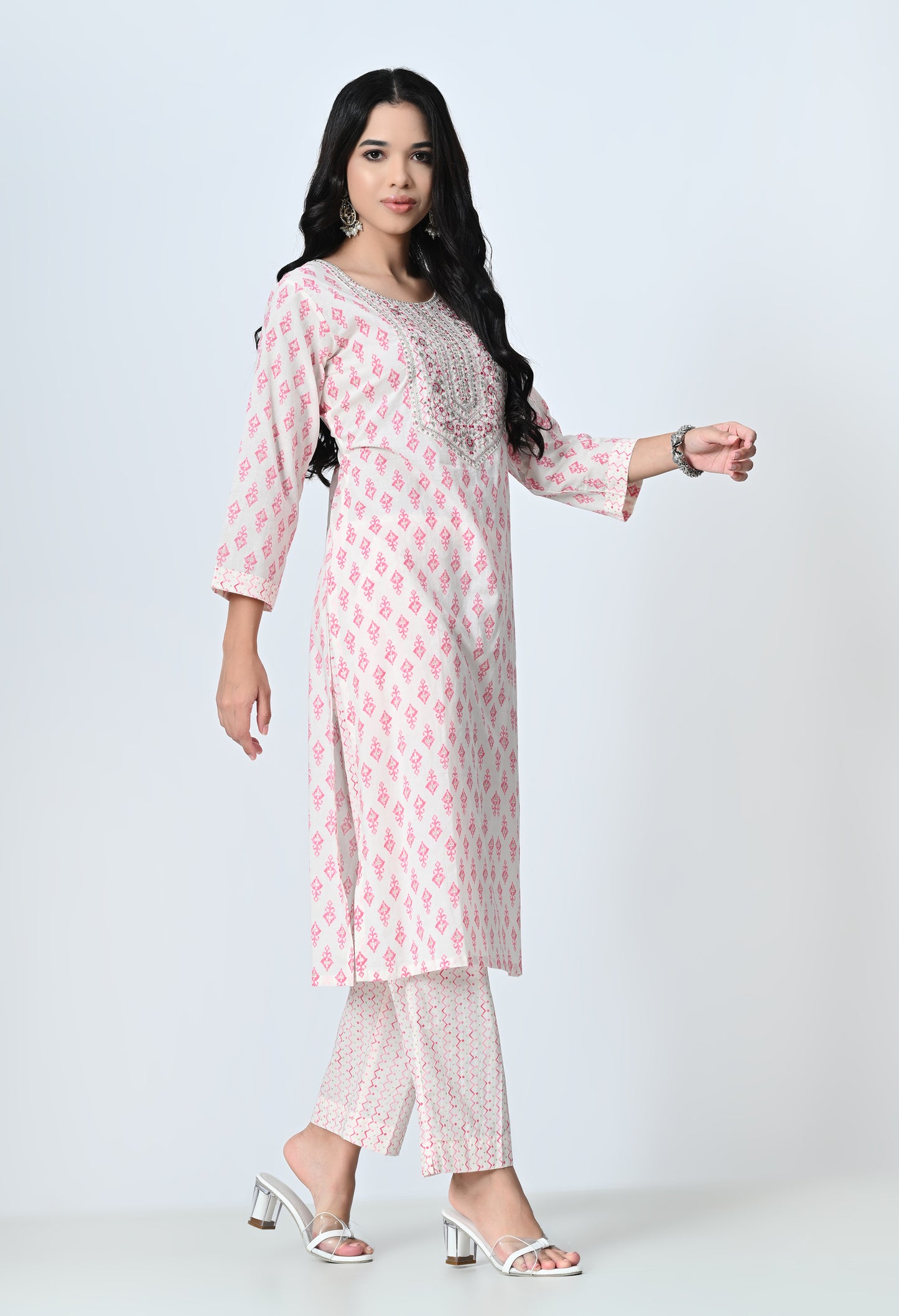 MAURYA Women's 100% Cotton Off Pink Foil Print Embroidery with Sequence Kurta Set with Dupatta (WMKS012)