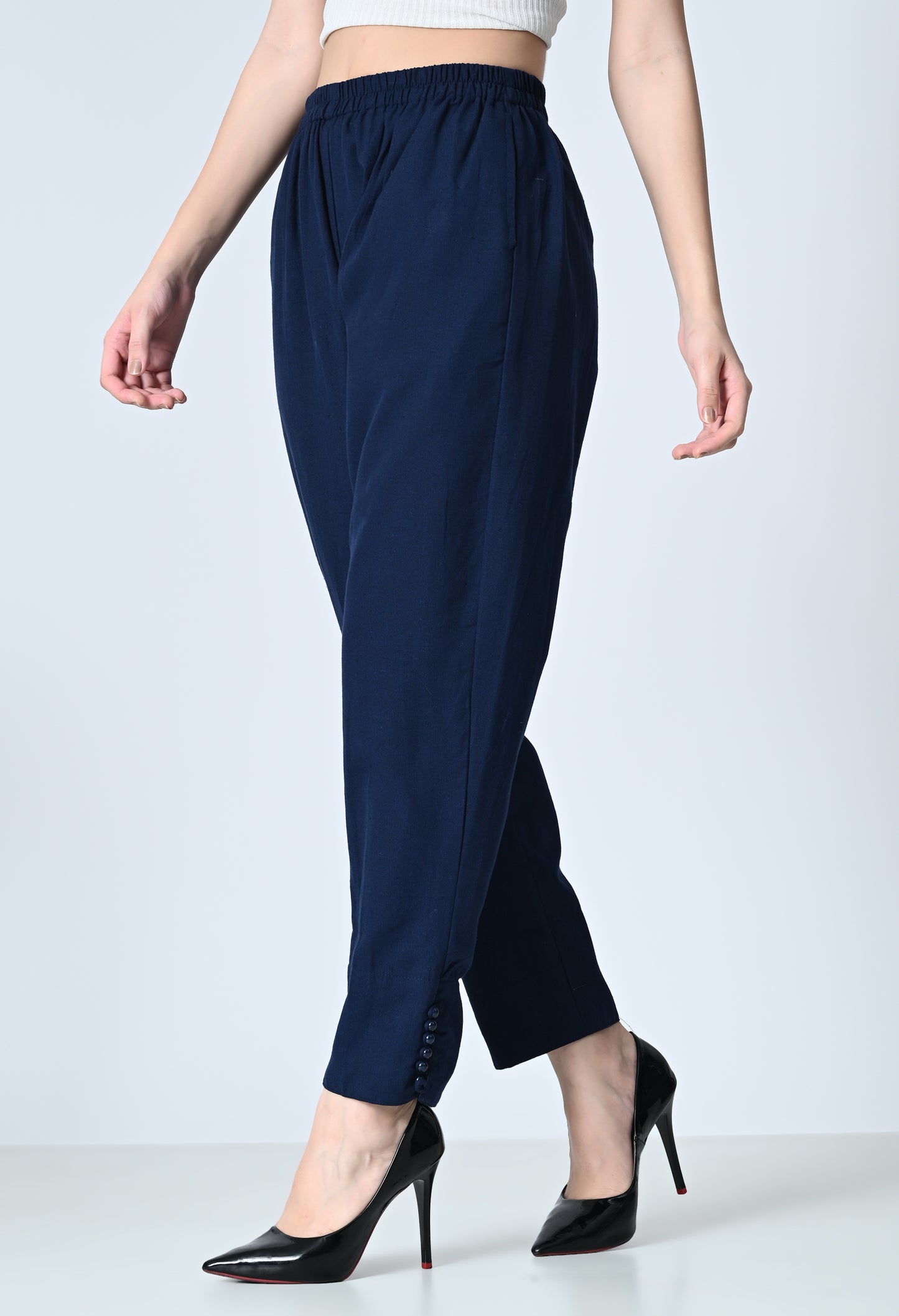 MAURYA Women's Navy 100% Cotton Full-Elasticated Waist Regular Pant with 2 Side Pockets (MPT009)