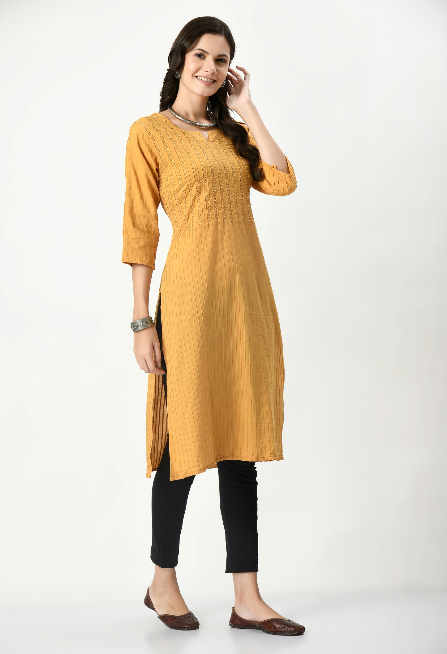 MAURYA Women's Pure Cotton Pintex Mustard Hand Work Calf Length Straight Kurti (MKT083)
