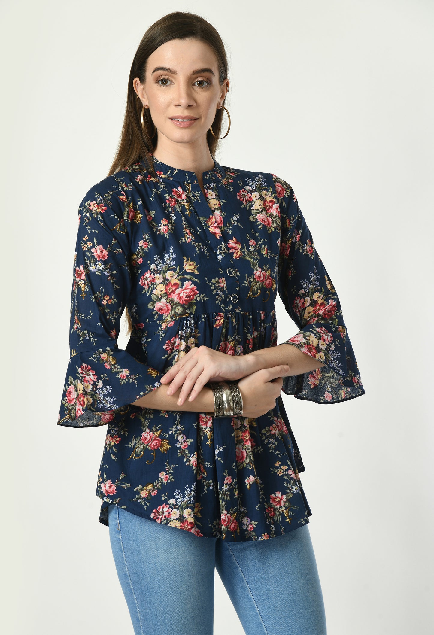 MAURYA Women's Blue Color Floral Print Regular V Neck Top (MTOP007)
