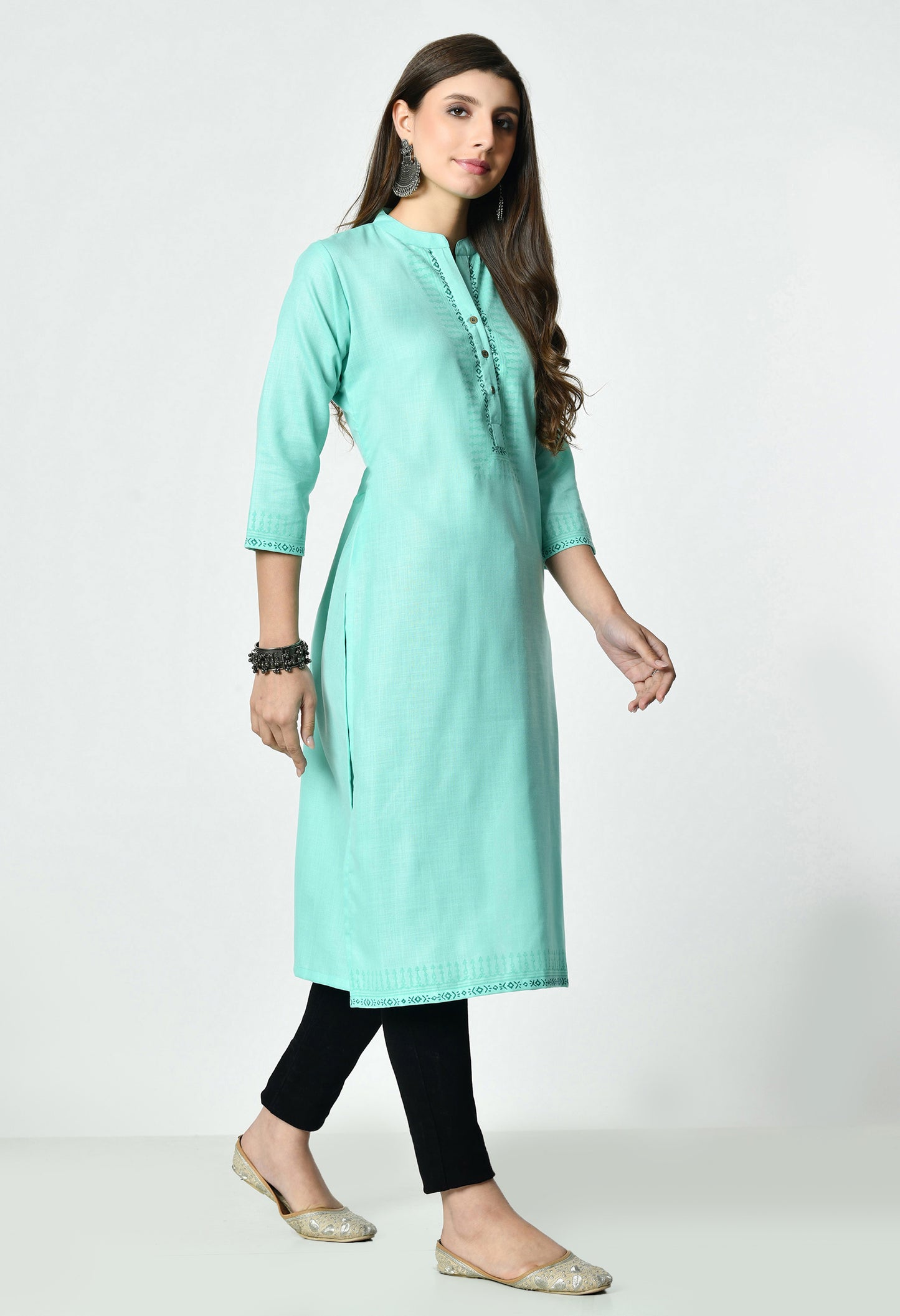 MAURYA Women's Aqua Blue Colour Printed Straight Cotton Kurti (MKT153)