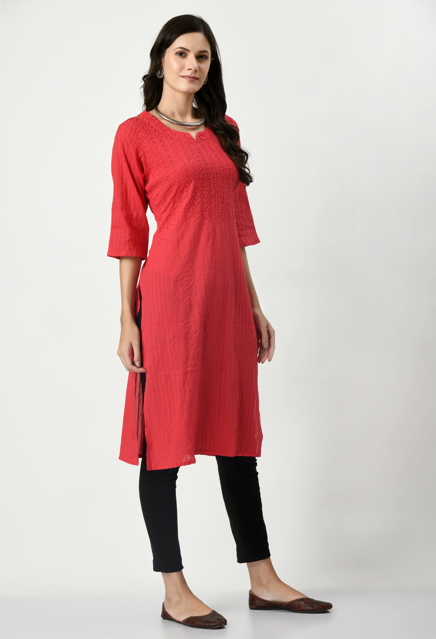 MAURYA Women's Pure Cotton Pintex Gajari Hand Work Calf Length Straight Kurti (MKT081)