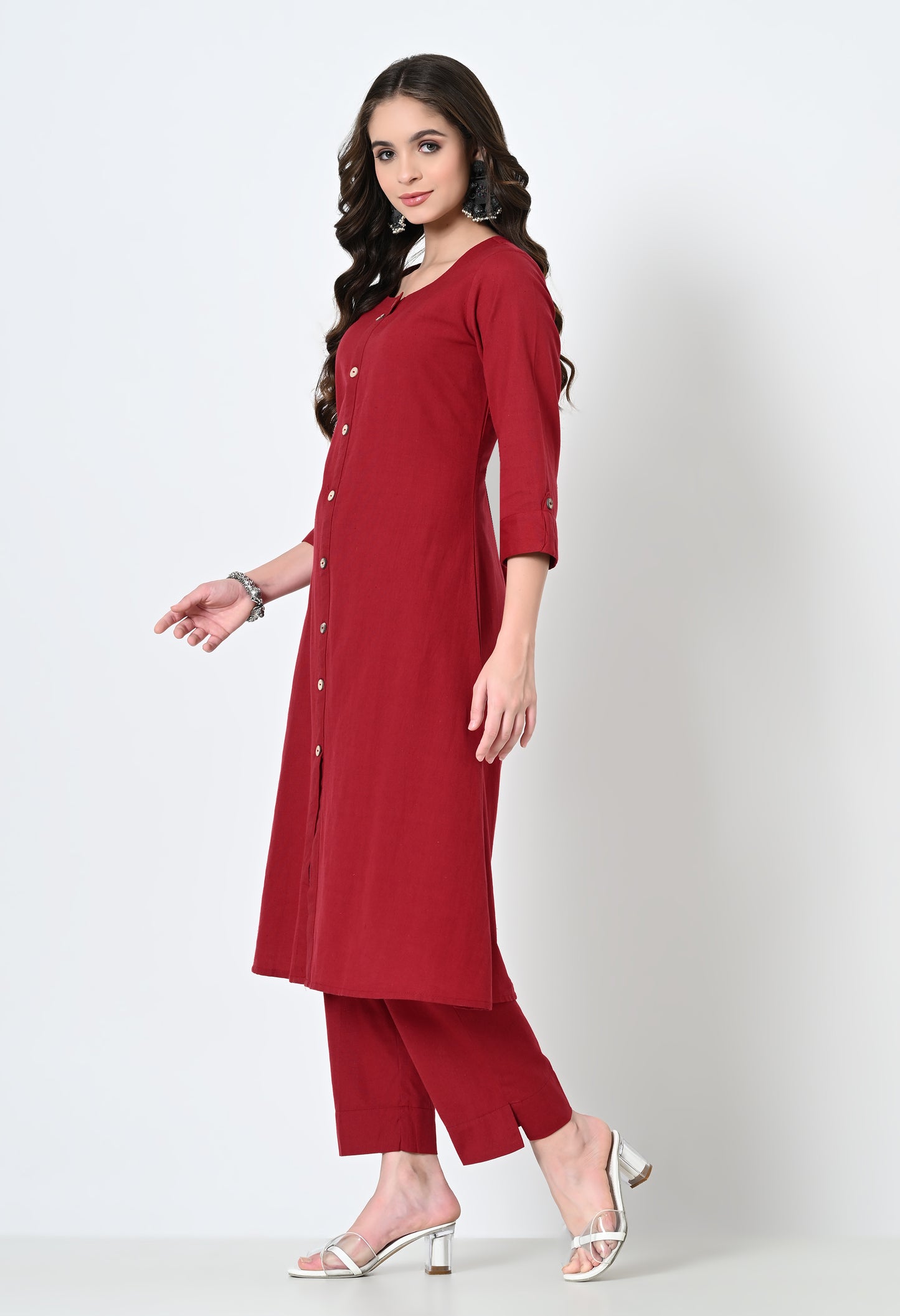 MAURYA Women's Cotton Flex Solid Maroon A line Buttoned Kurta with Pant with 2 Side Pocket (MKS046)