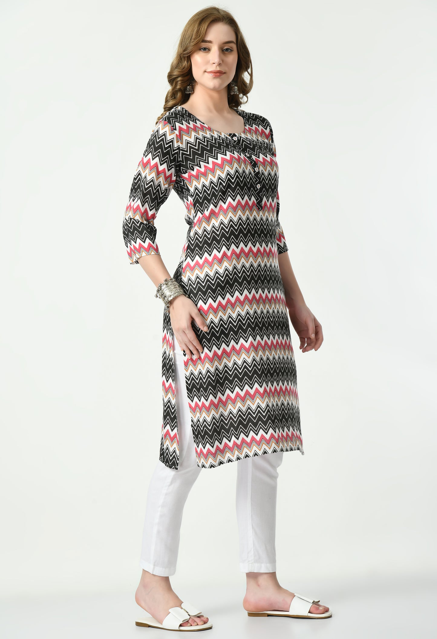 MAURYA Women's Rayon Pink Color Zig-Zag Print Calf Length Straight Kurta with Buttons (MKT090)