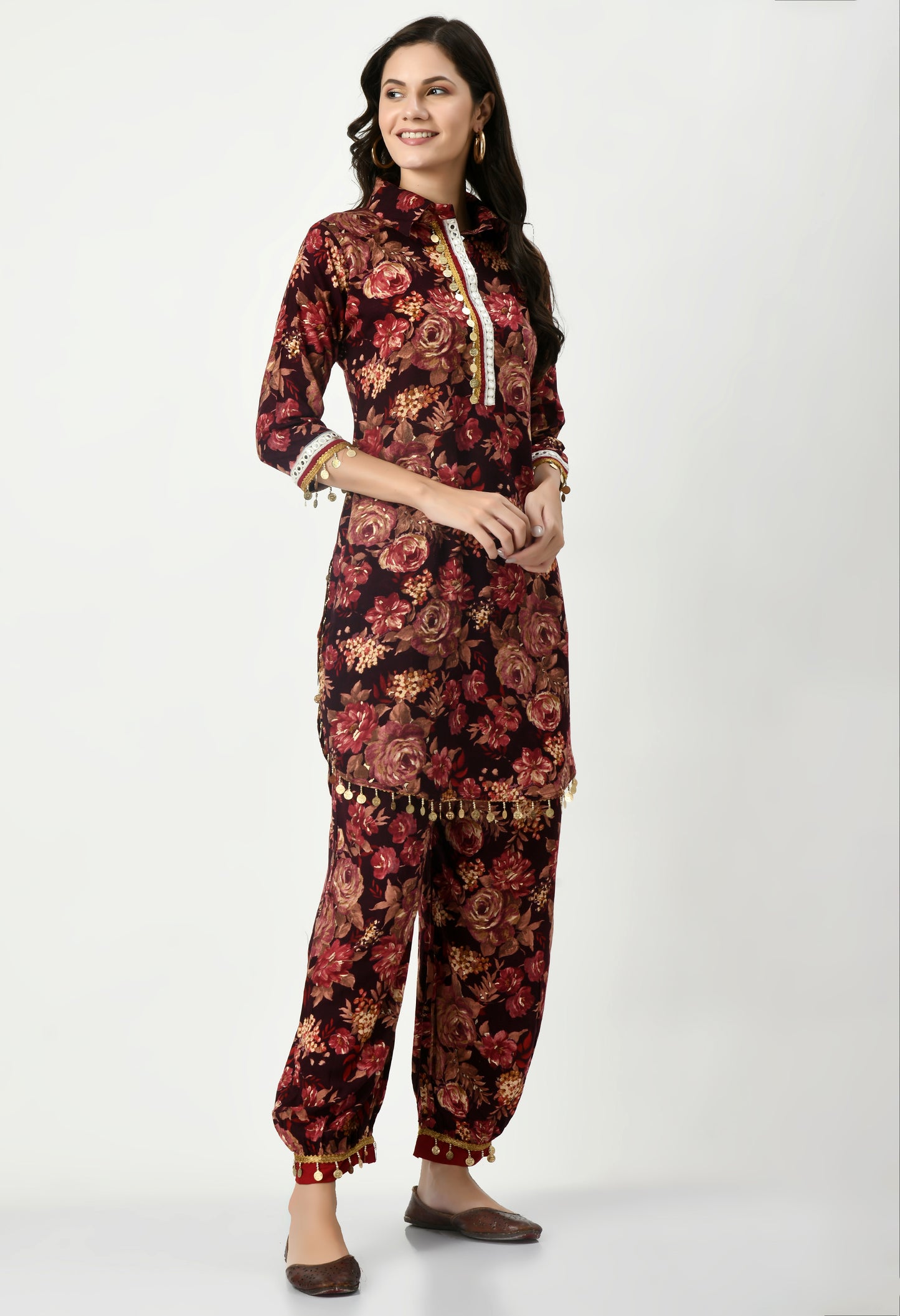 MAURYA Women's Rayon Maroon Floral Print Laced Ethnic Afgani Co-ord Set with 2 Side Pockets (MCS029)