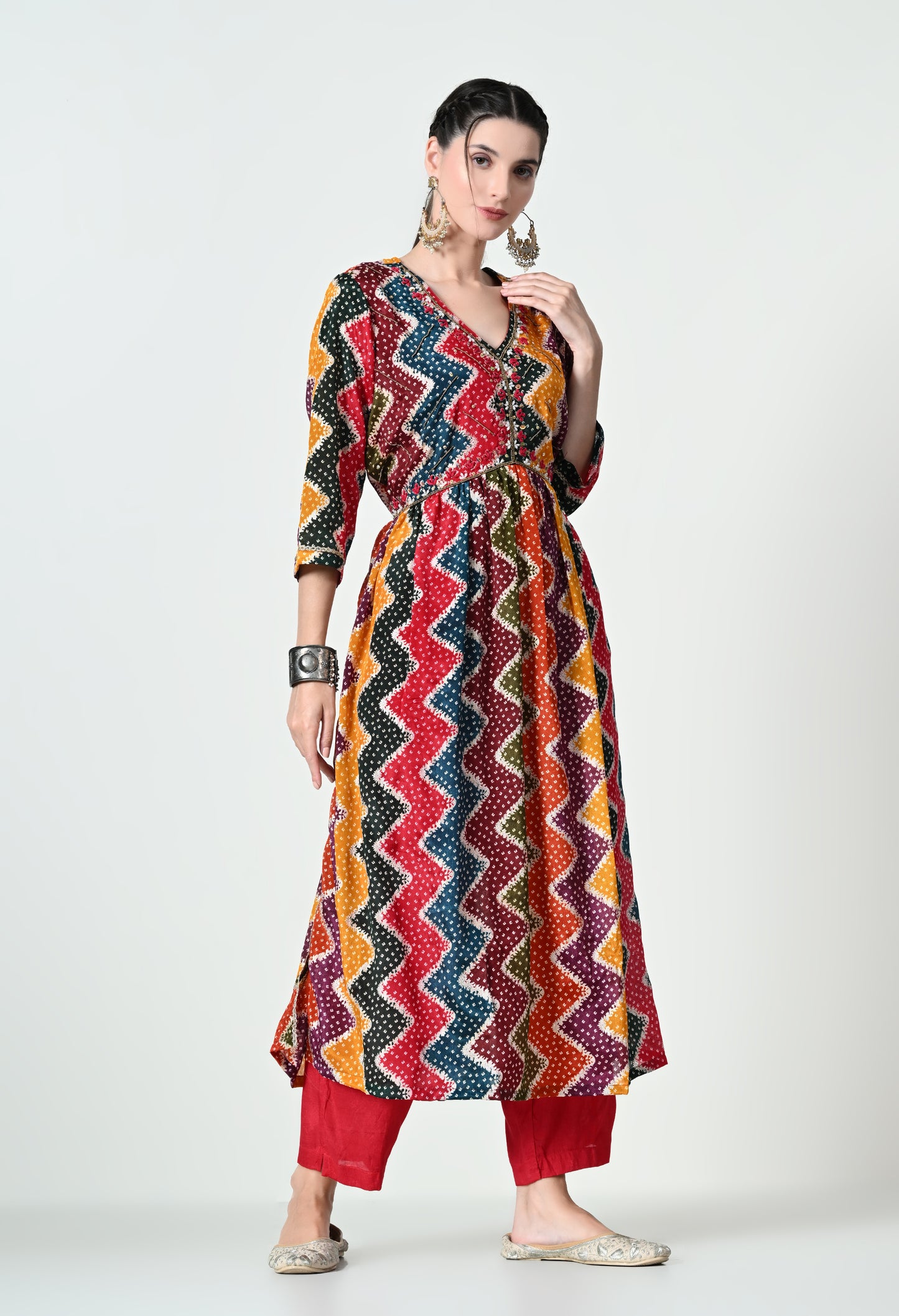 MAURYA Women's Chinon Silk Multicolor Printed V Neck Hand Work Stylish Kurta Set with Dupatta (WMKS008)