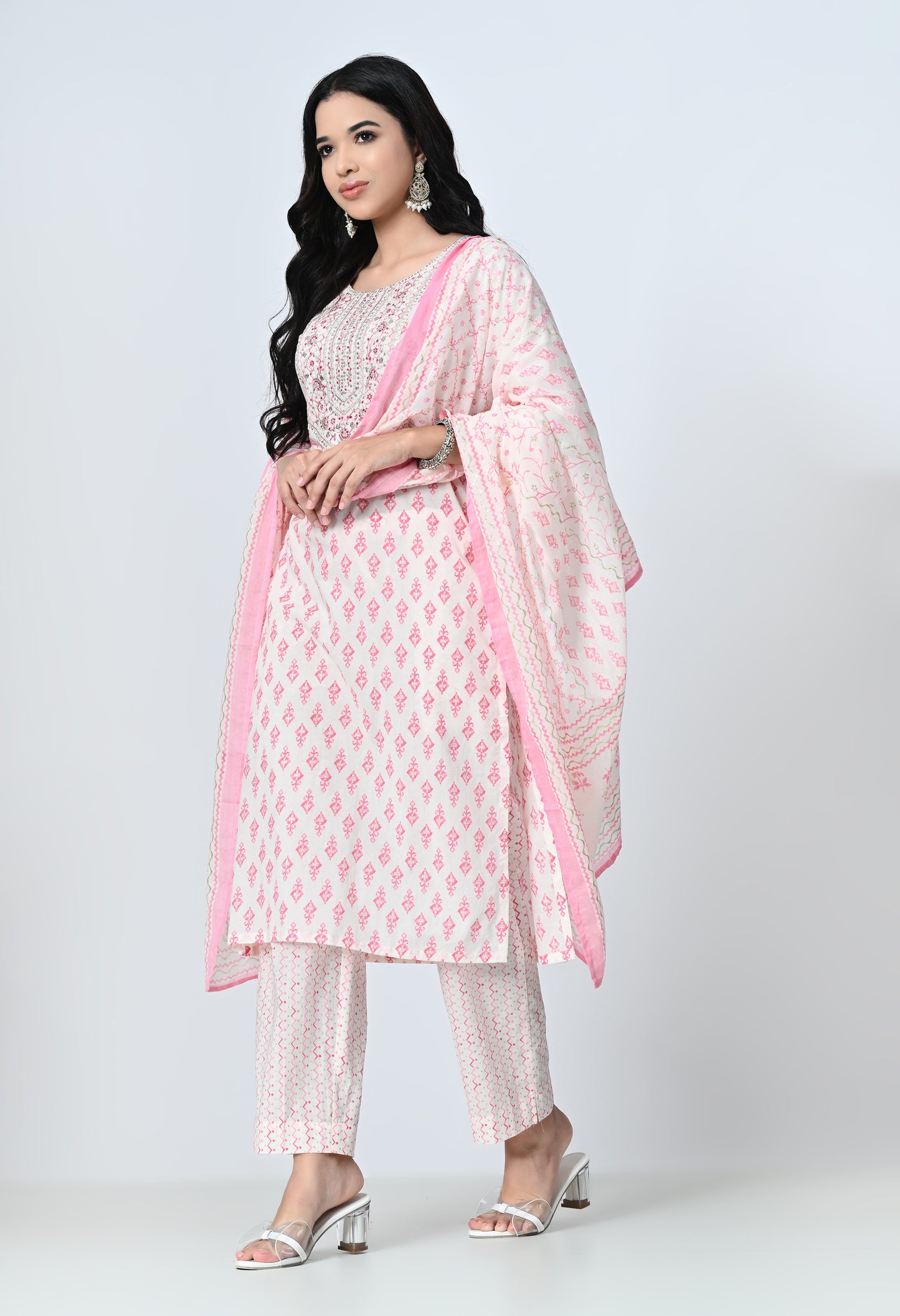 MAURYA Women's 100% Cotton Off Pink Foil Print Embroidery with Sequence Kurta Set with Dupatta (WMKS012)