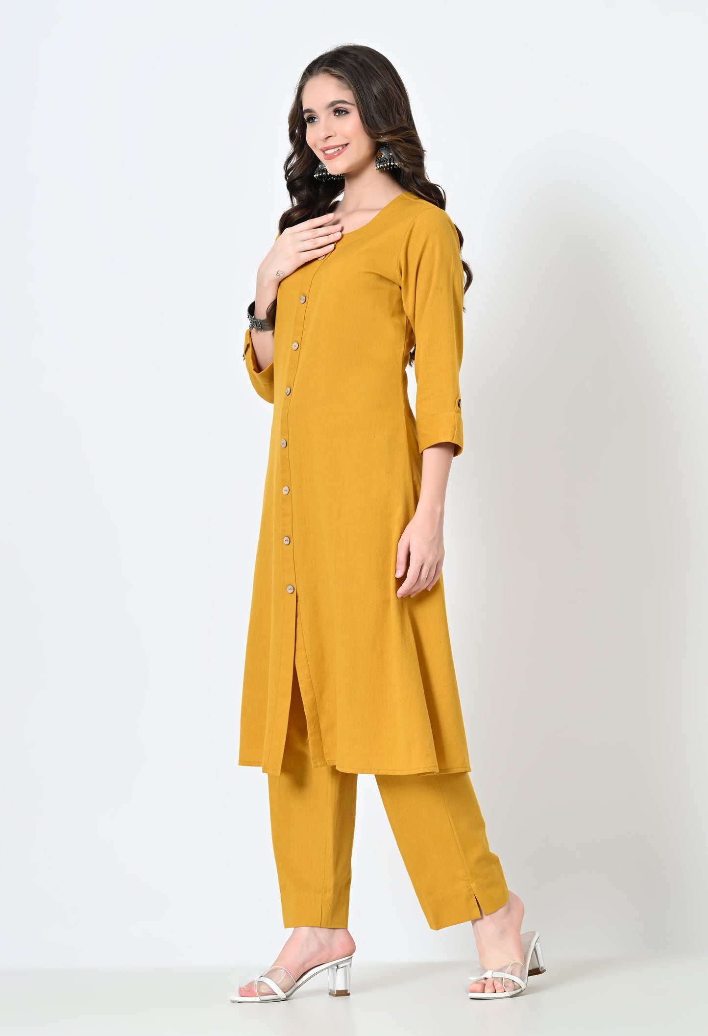 MAURYA Women's Cotton Flex Solid Mustard A line Buttoned Kurta with Pant with 2 Side Pocket (MKS044)