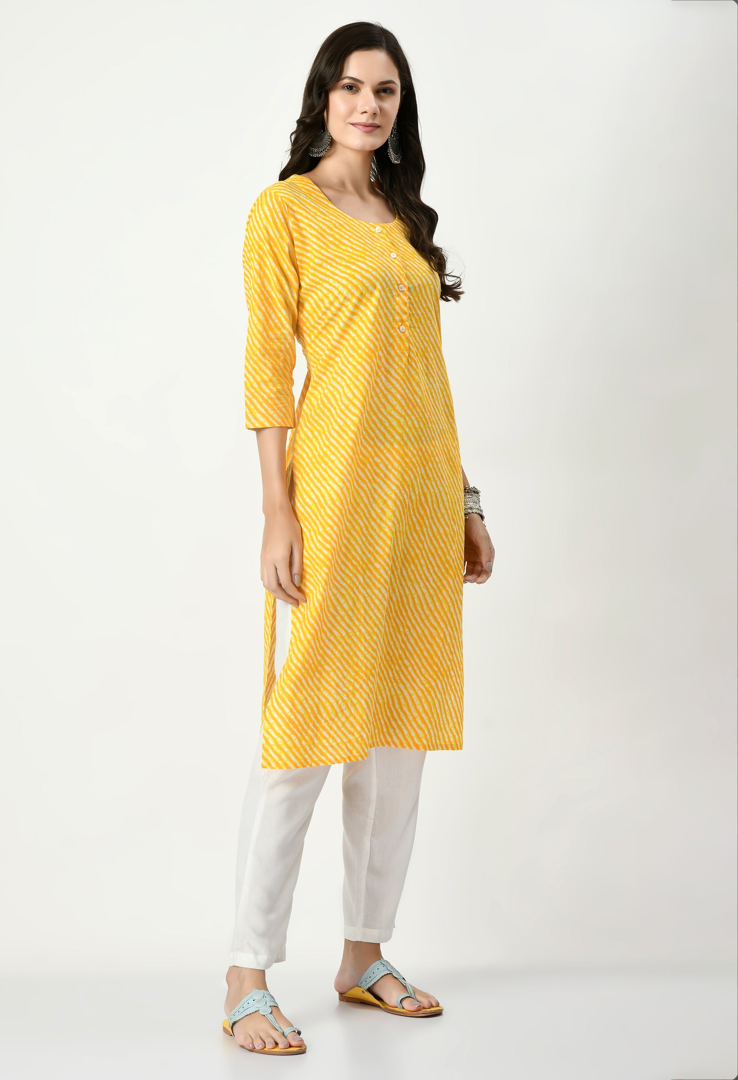 MAURYA Women's Cotton Yellow Color Lehriya Print Calf Length Round Neck Straight Kurti (MKT078)