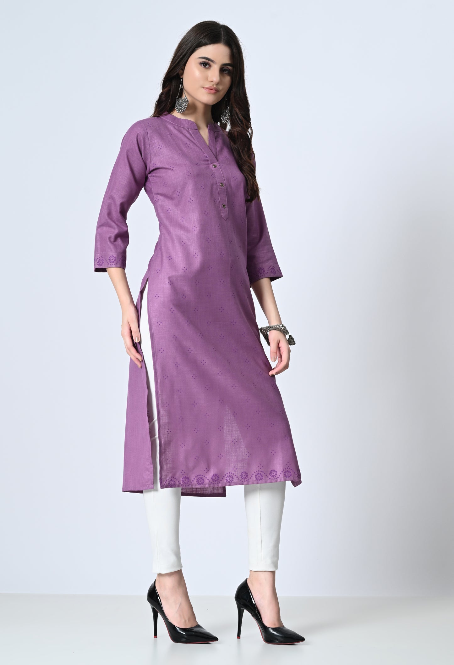 MAURYA Women's Cotton Blend Printed Purple Calf Length High Neck Straight Kurta (MKT136)