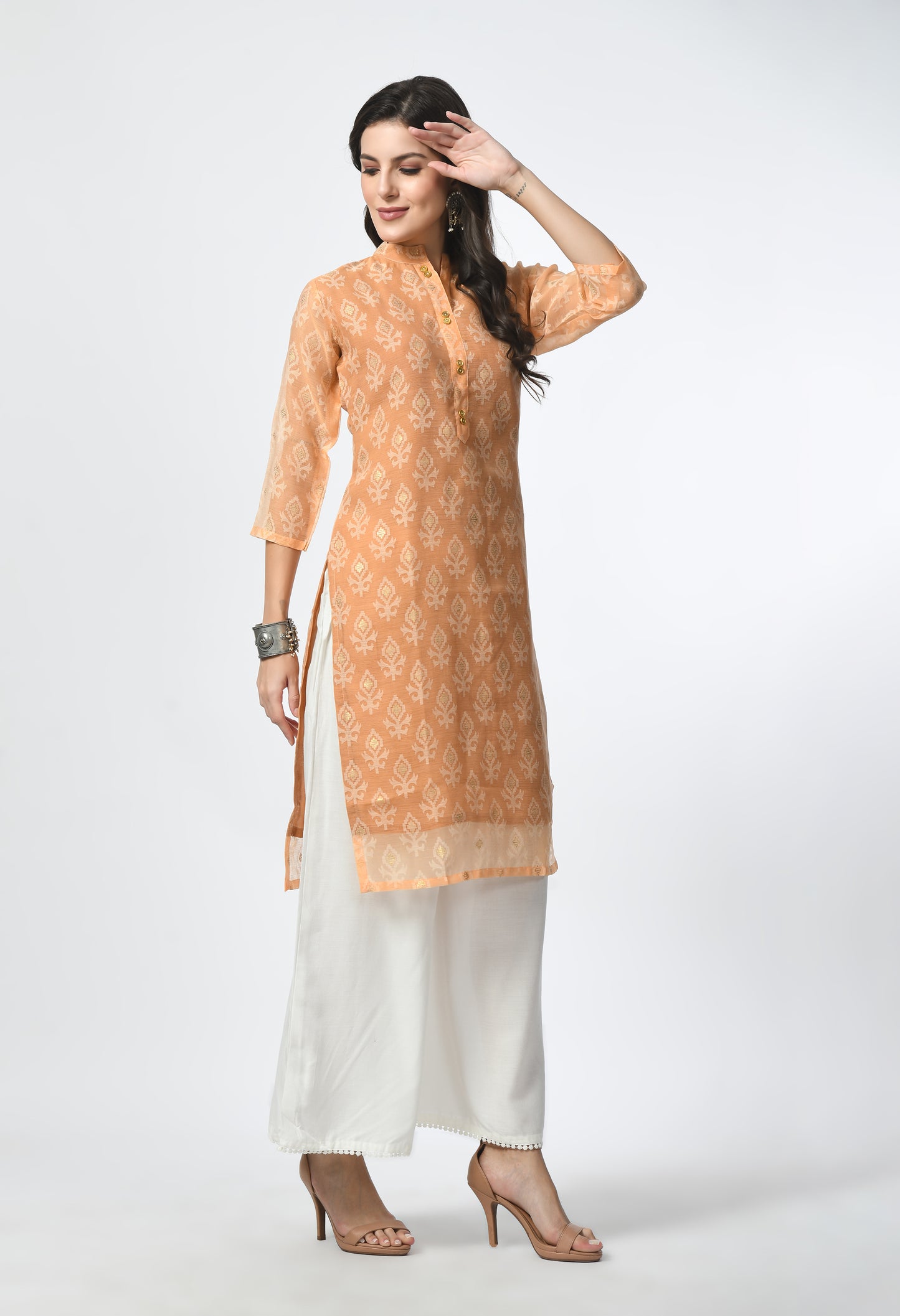 MAURYA Women's Orange Color Chanderi Braso Floral Print Straight Kurta with Cotton Lining Kurti (MKT111)