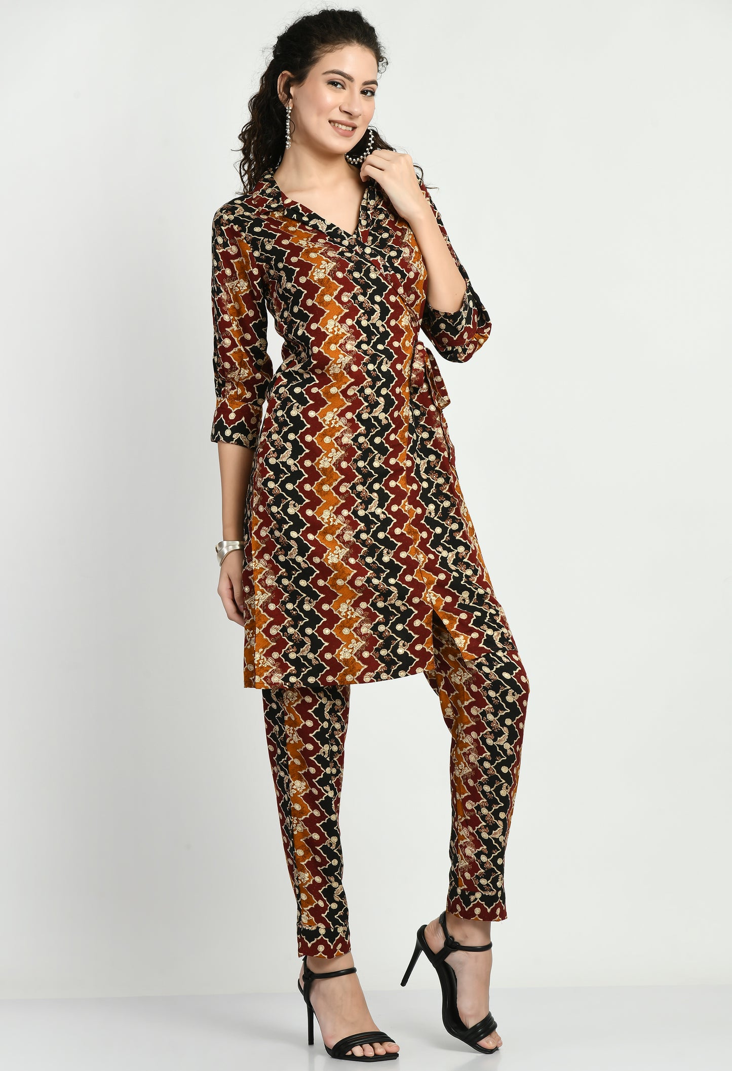 MAURYA Women's Rayon Angrakhha Maroon Printed Co-ord with 2 Side Pockets (MCS010)