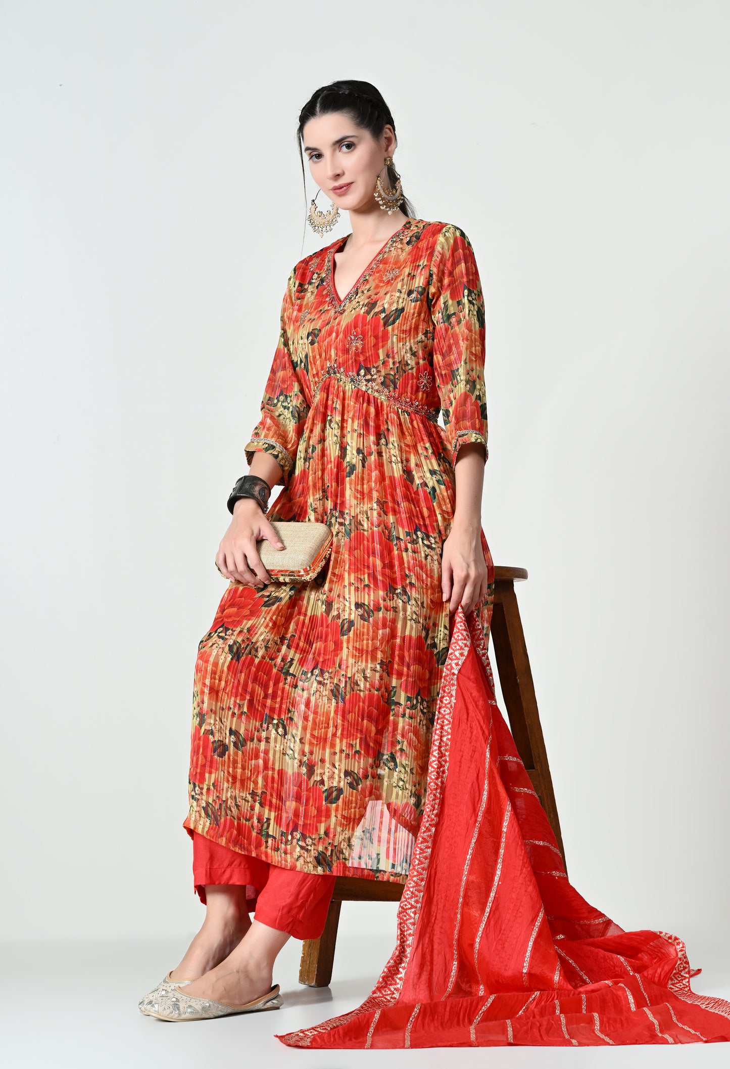 MAURYA Women's Chiffon Multicolor Hand Work Party Wear Naira Kurta Set with Fancy Sequence Dupatta (WMKS009)