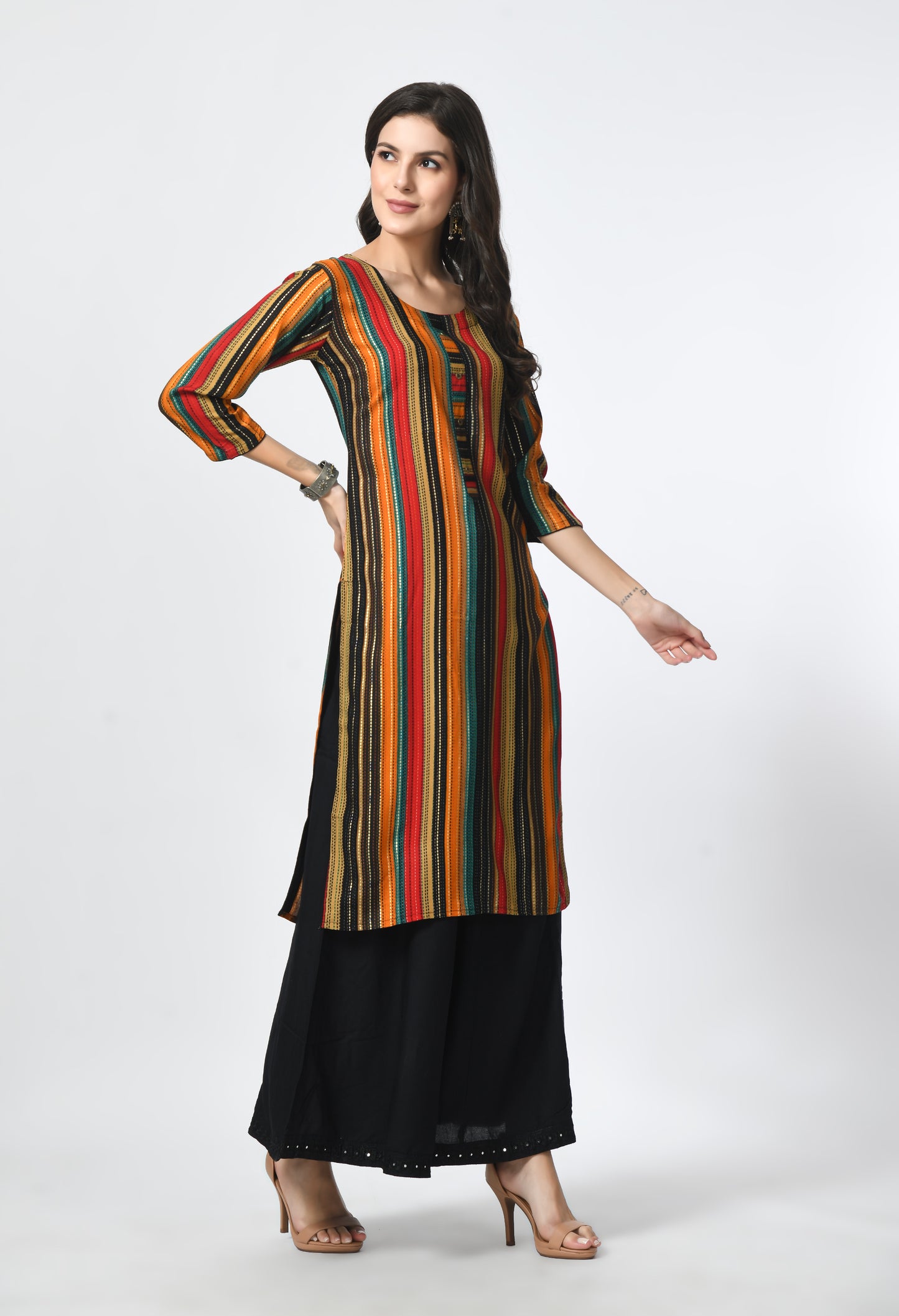 MAURYA Women's Multicolor Rayon 12Kg Striped Straight Button Kurti (MKT118)