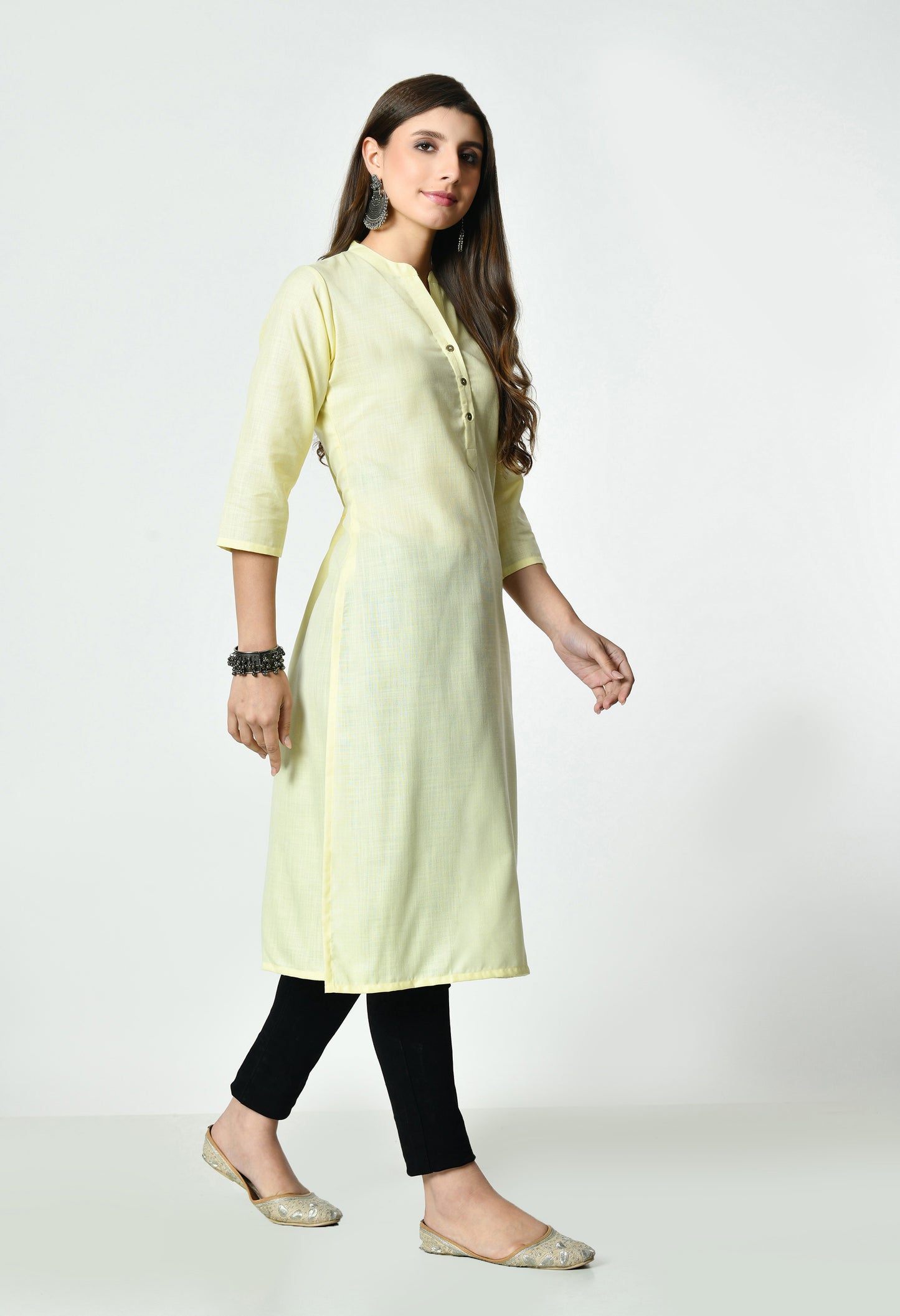 MAURYA Women's Light Yellow Colour Solid Straight Cotton Kurti (MKT149)