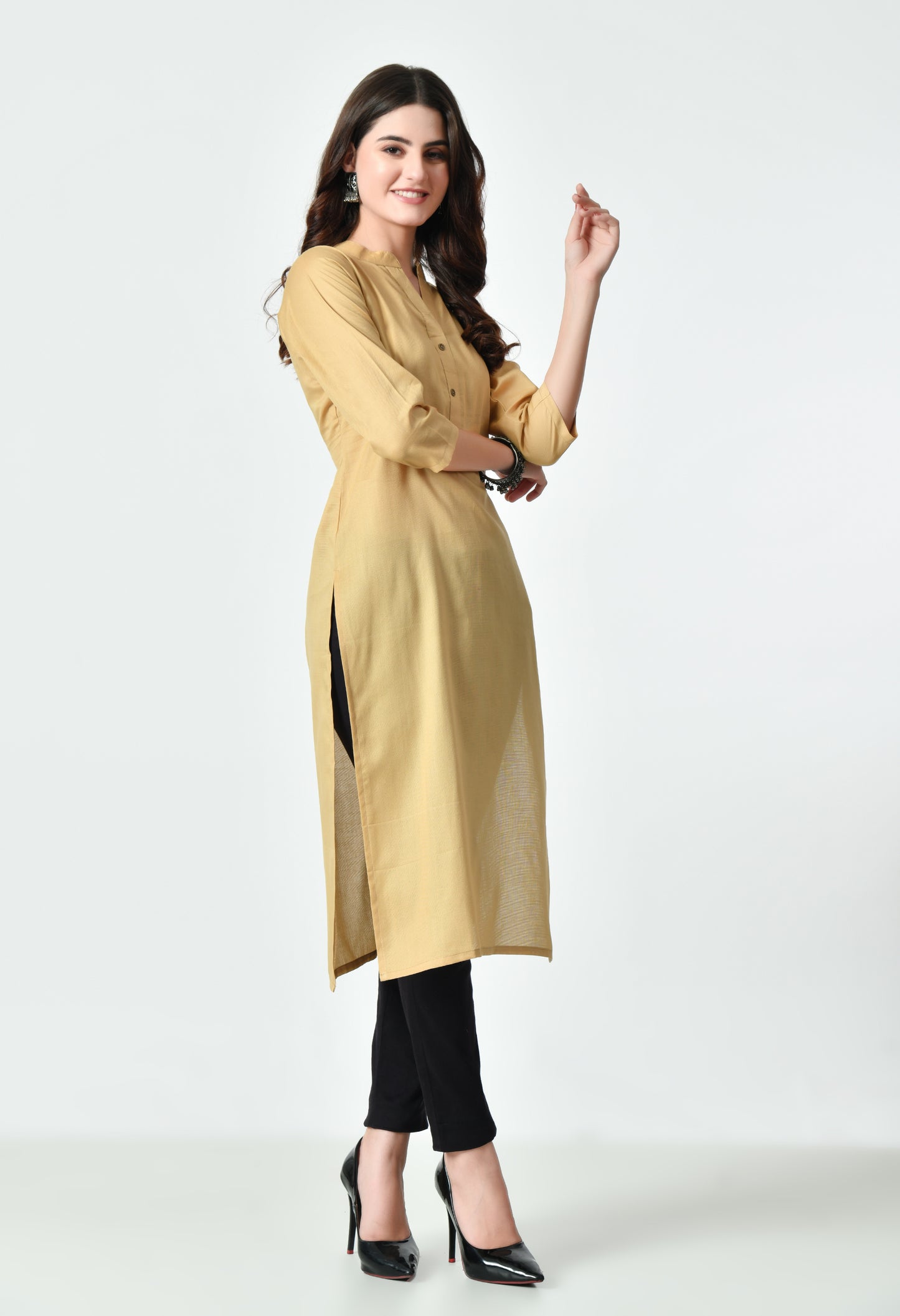 MAURYA Women's Beige Color Solid Cotton Blend Regular Straight Kurti (MKT130)