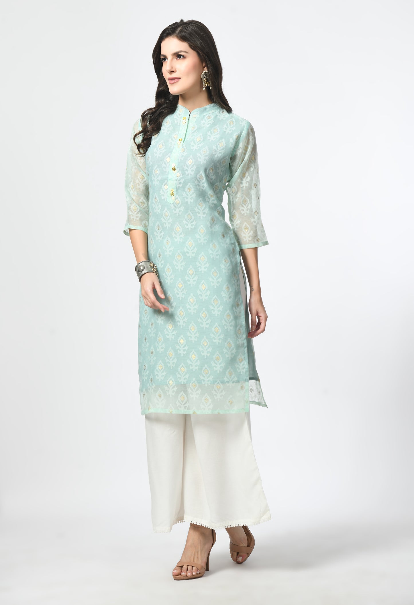 MAURYA Women's Pista Color Chanderi Braso Floral Print Straight Kurta with Cotton Lining Kurti for Women (MKT109)