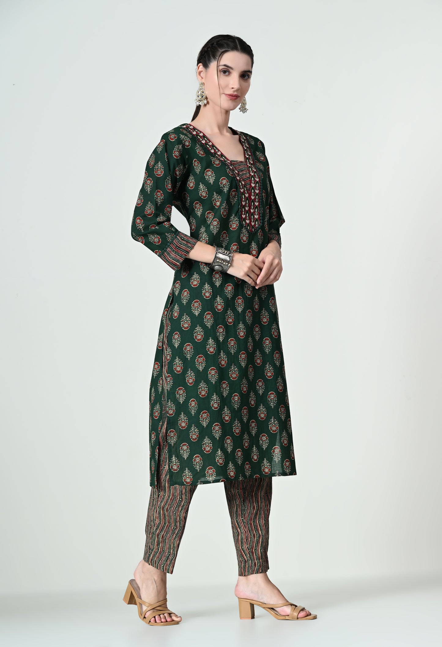 MAURYA Women's 100% Cotton Kalamkari Print Green Colour Embroidery with Lace Kurta Set with Trendy Dupatta (WMKS005)