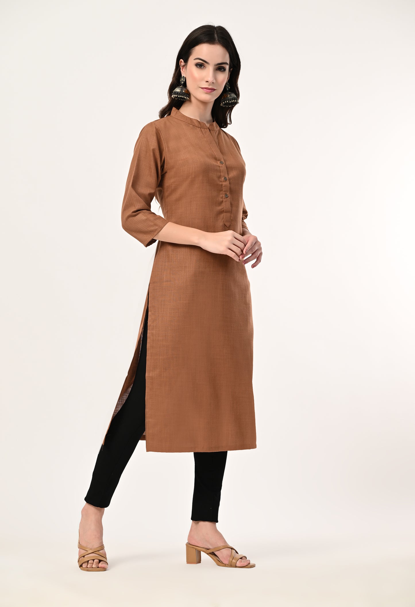 MAURYA Women's Coffee Cotton Blend Solid Straight Kurti (MKT142)