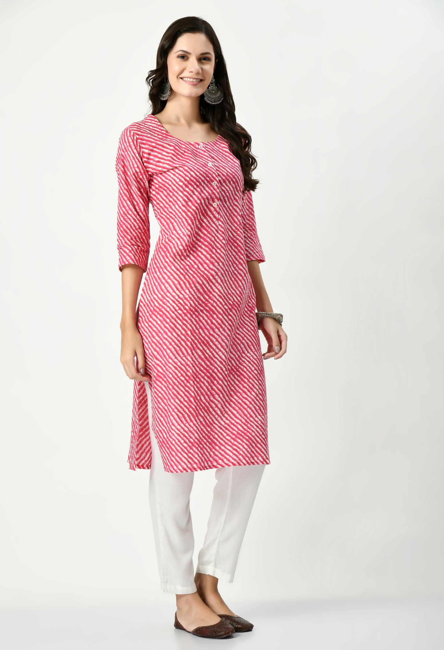 MAURYA Women's Cotton Pink Color Lehriya Print Calf Length Rround Neck Straight Kurti (MKT074)