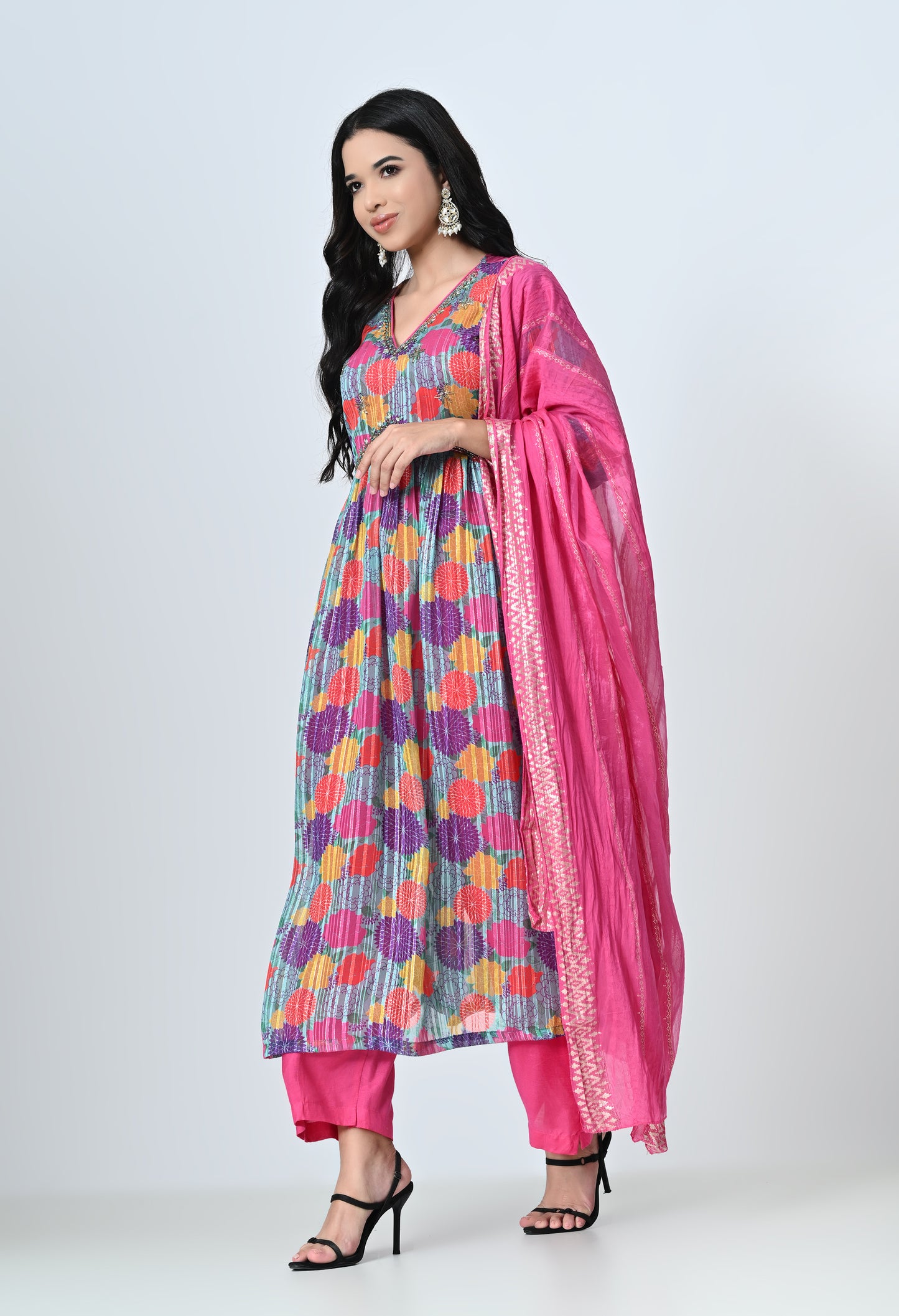 MAURYA Women's Chiffon Pink Colour Hand Work Party Wear Naira Kurta Set with Fancy Sequence Dupatta (WMKS010)
