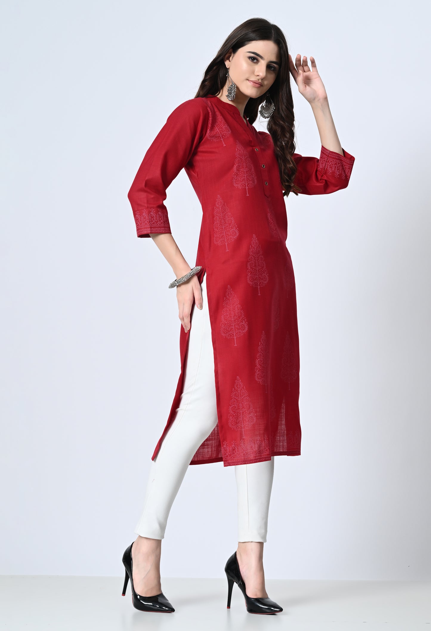 MAURYA Women's Cotton Blend Printed Maroon Calf Length High Neck Straight Kurta (MKT139)