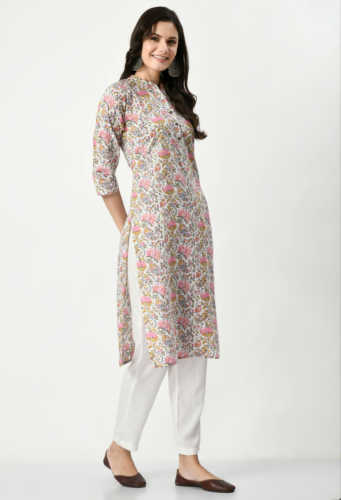 MAURYA Women's Pure Cotton Multicolor Calf Length Floral Print with Functional Buttons Straight Kurti (MKT076)
