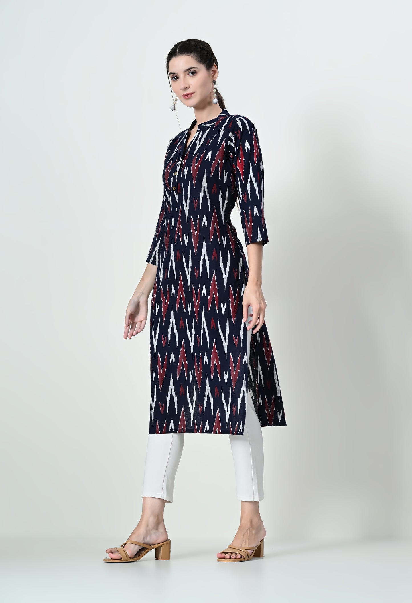 MAURYA Women's Cotton Ikkat Print Navy Blue Calf Length Straight Kurta (MKT140)
