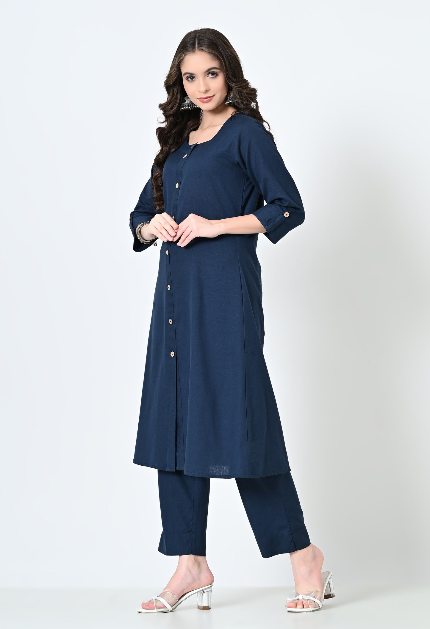 MAURYA Women's Cotton Flex Solid Blue A line Buttoned Kurta with Pant with 2 Side Pocket (MKS042)