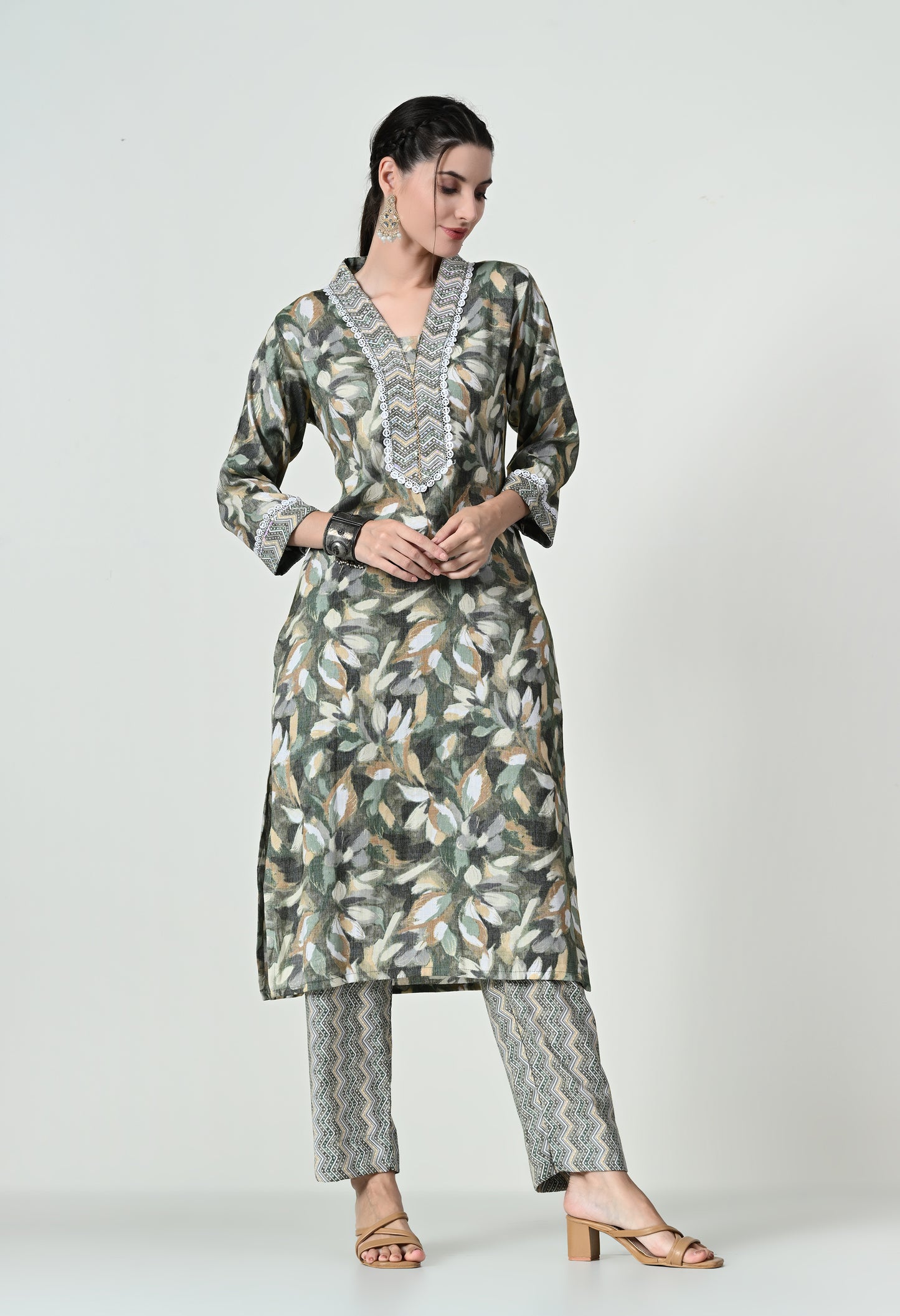 MAURYA Women's Cotton Slub Green Colour Leaf Print Sequence Hand Work Kurta Set with Printed Dupatta (WMKS013)
