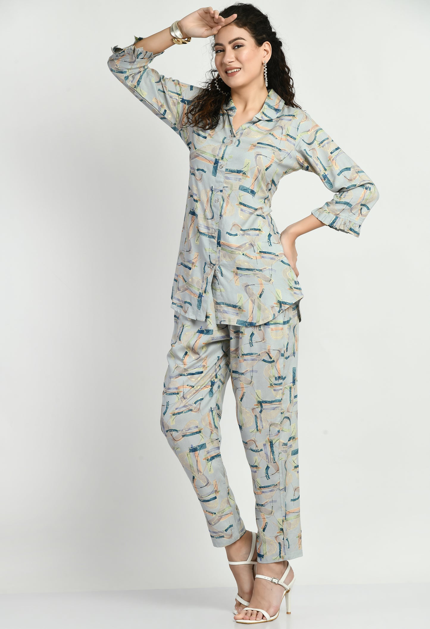 MAURYA Women's Abstract Print Rayon Sky Blue Co-ord Set with 1 Side Pocket (MCS006)