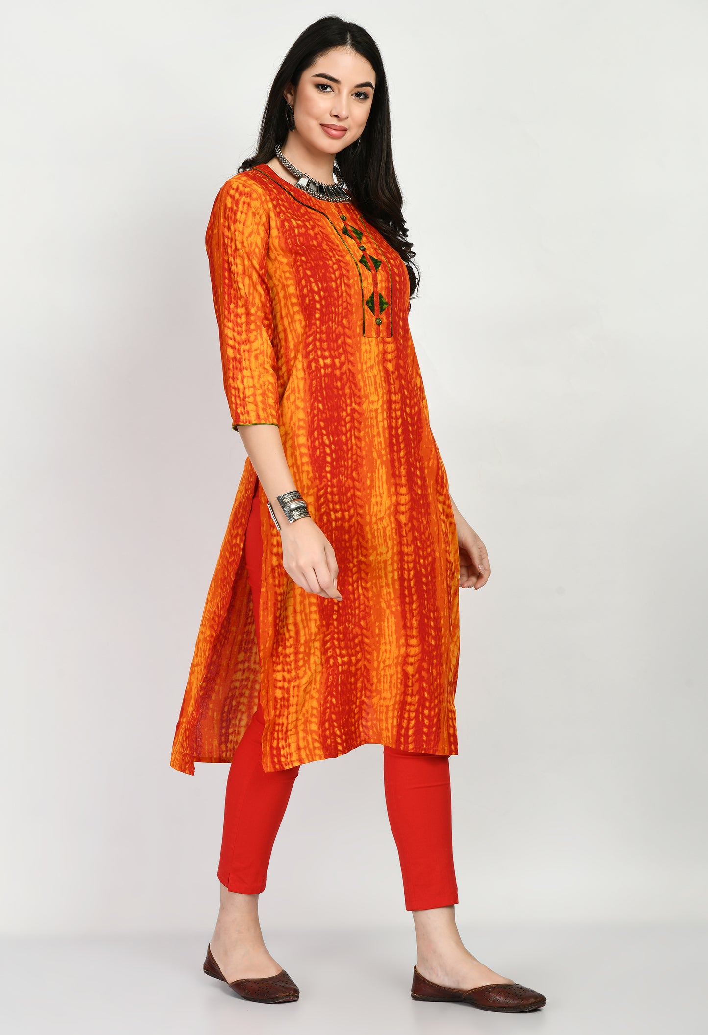 MAURYA Women's Rayon Rust Color Batik Print Calf Length Straight Kurti (MKT024)