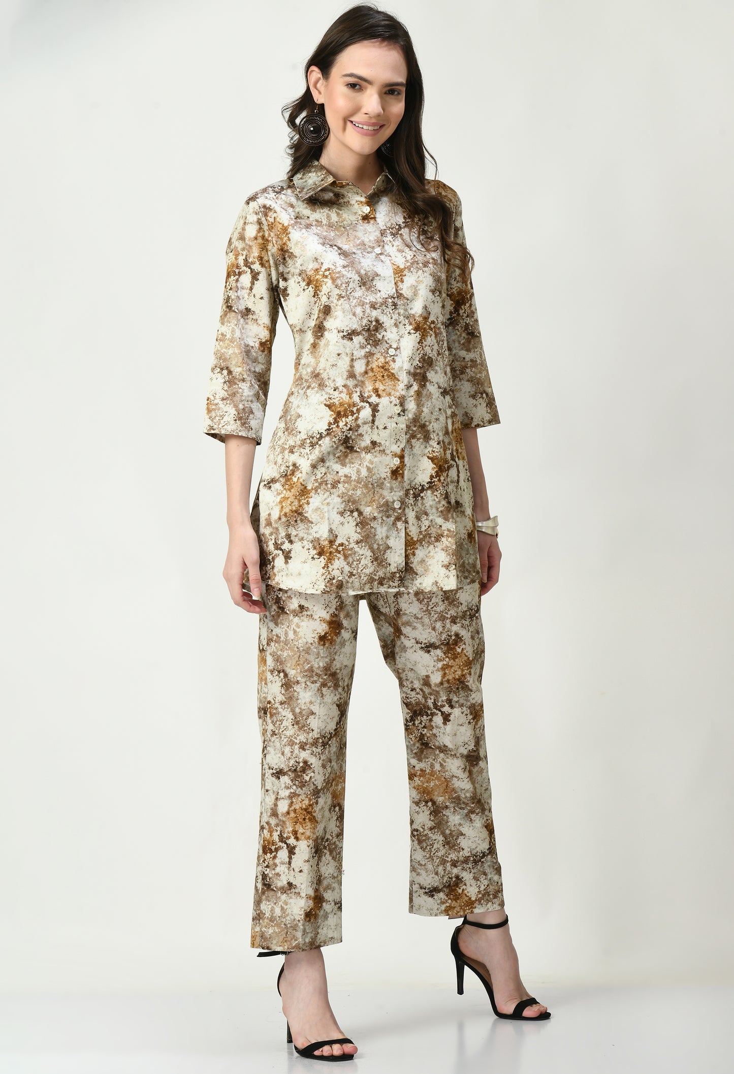 MAURYA Women's Brown Colour Cotton Satin Distress Print Straight Fit Western Co-Ord (MCS015)