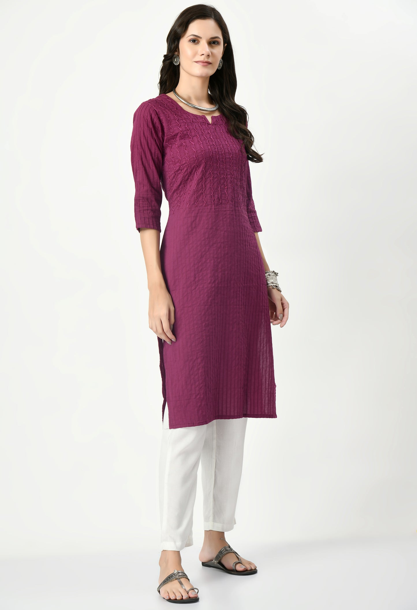 MAURYA Women's Pure Cotton Pintex Purple Hand Work Calf Length Straight Kurti (MKT080)