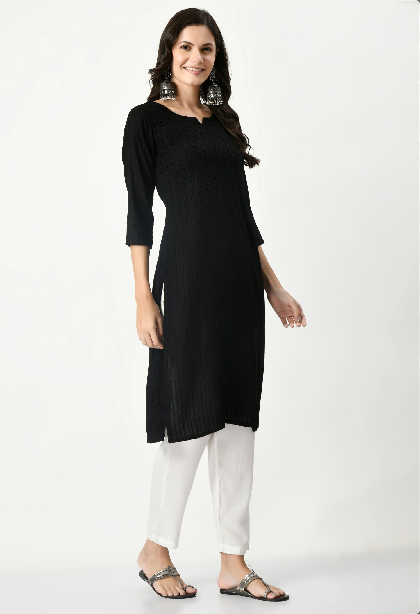 MAURYA Women's Pure Cotton Pintex Black Hand Work Calf Length Straight Kurti (MKT079)
