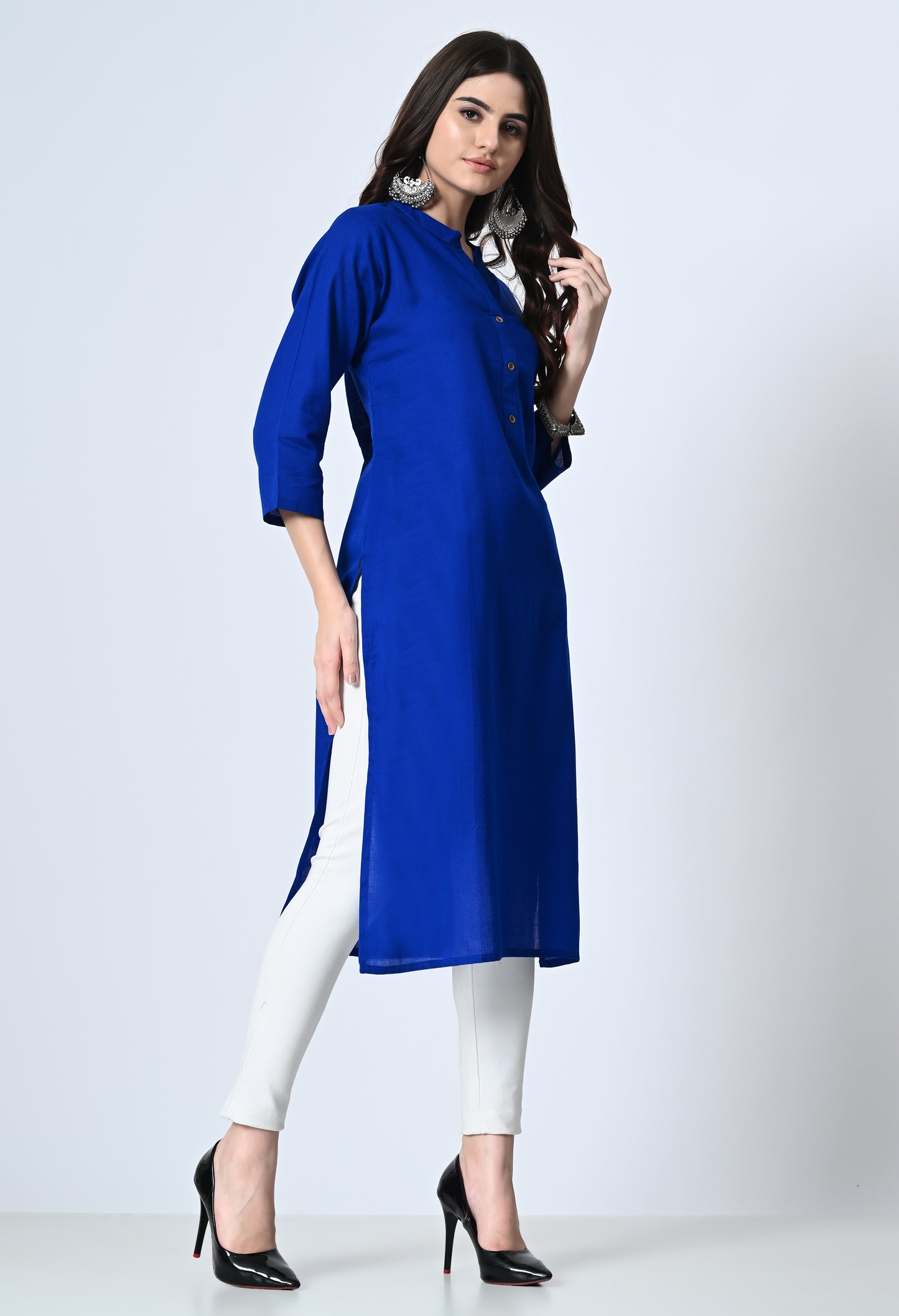 MAURYA Women's Royal Blue Color Solid Cotton Blend Regular Straight Kurti (MKT135)