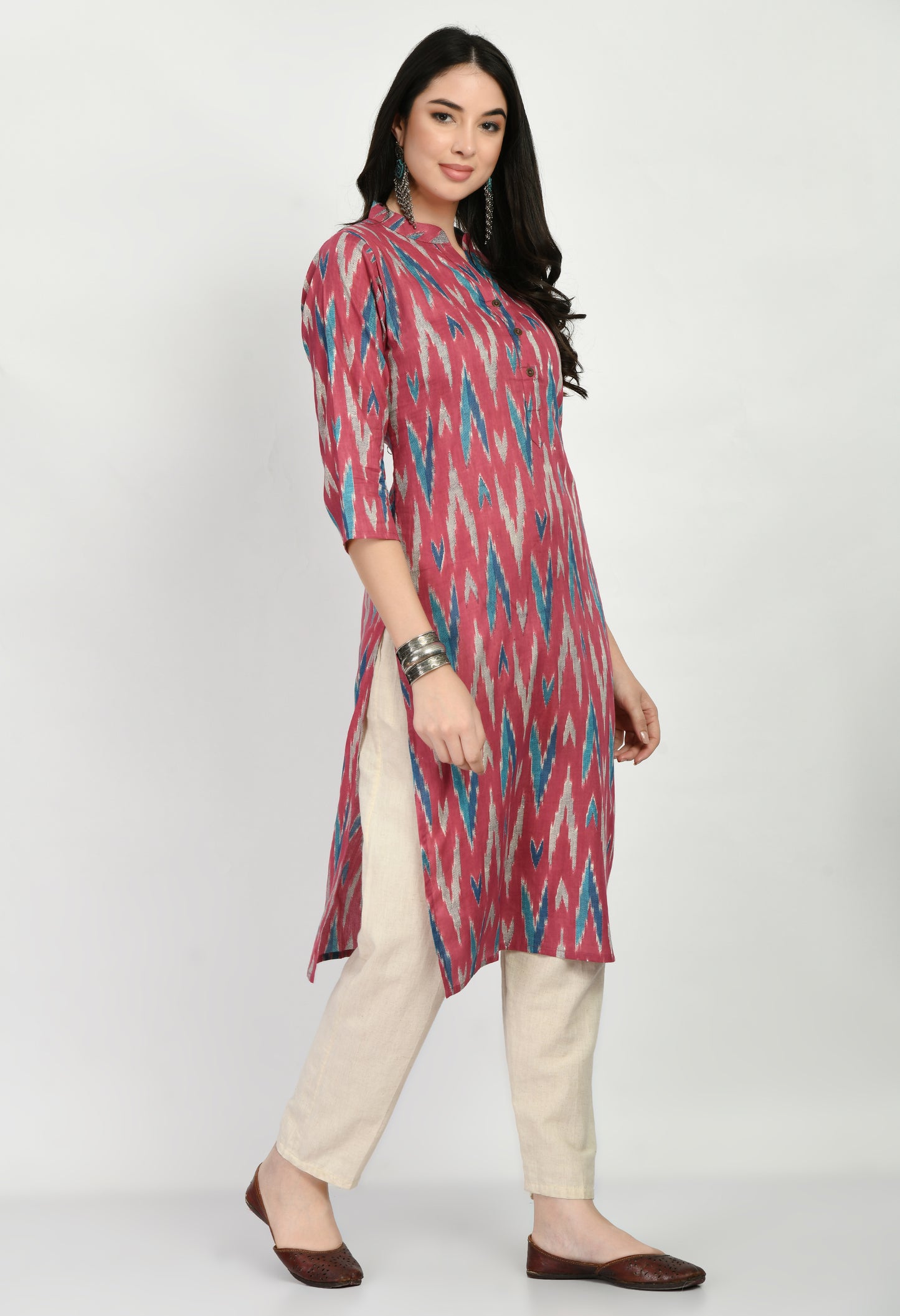 MAURYA Women's Cotton Ikkat Print Pink Color Calf Length Straight Kurta (MKT027)