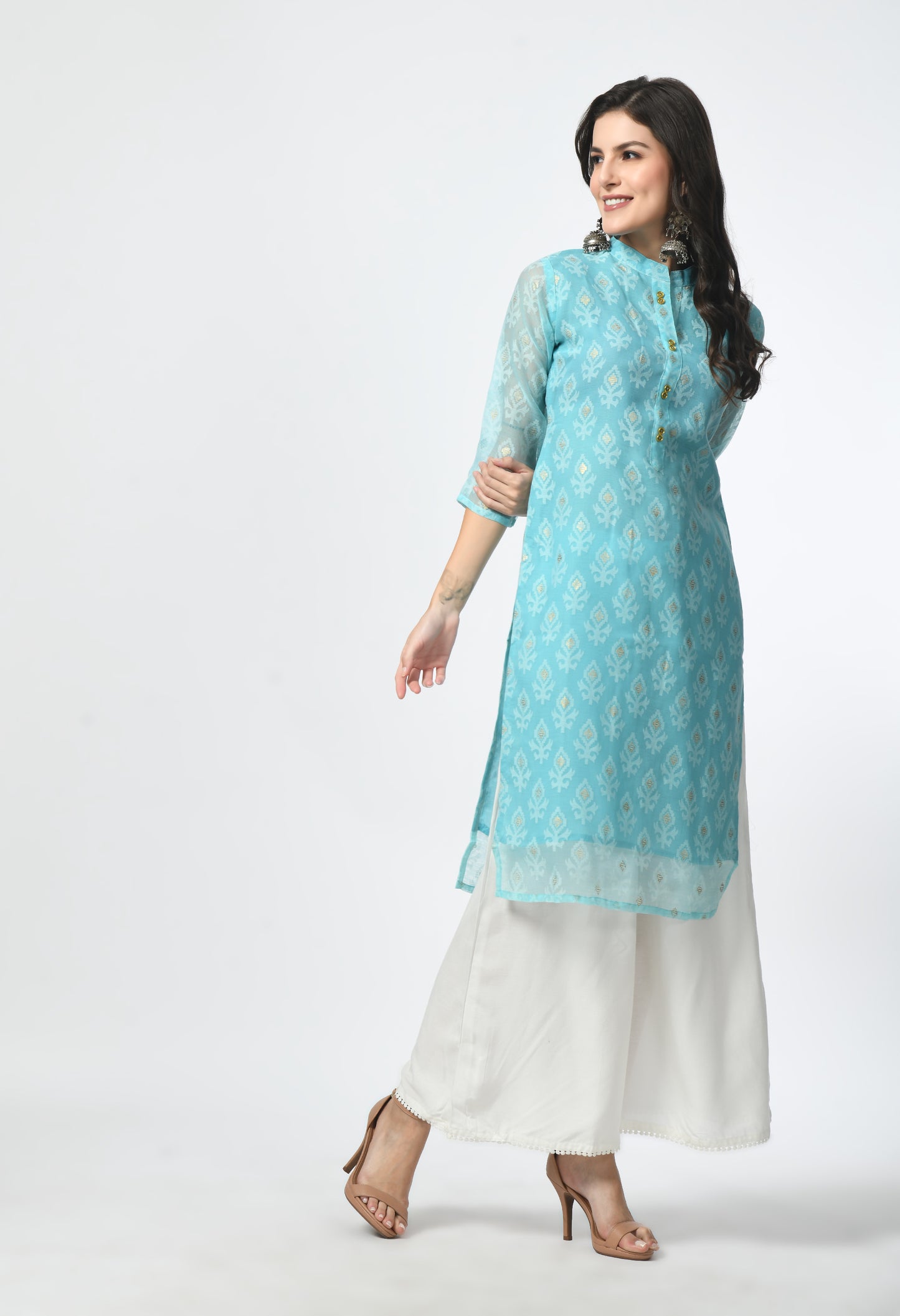MAURYA Women's Rama Color Chanderi Braso Floral Print Straight Kurta with Cotton Lining Kurti (MKT108)