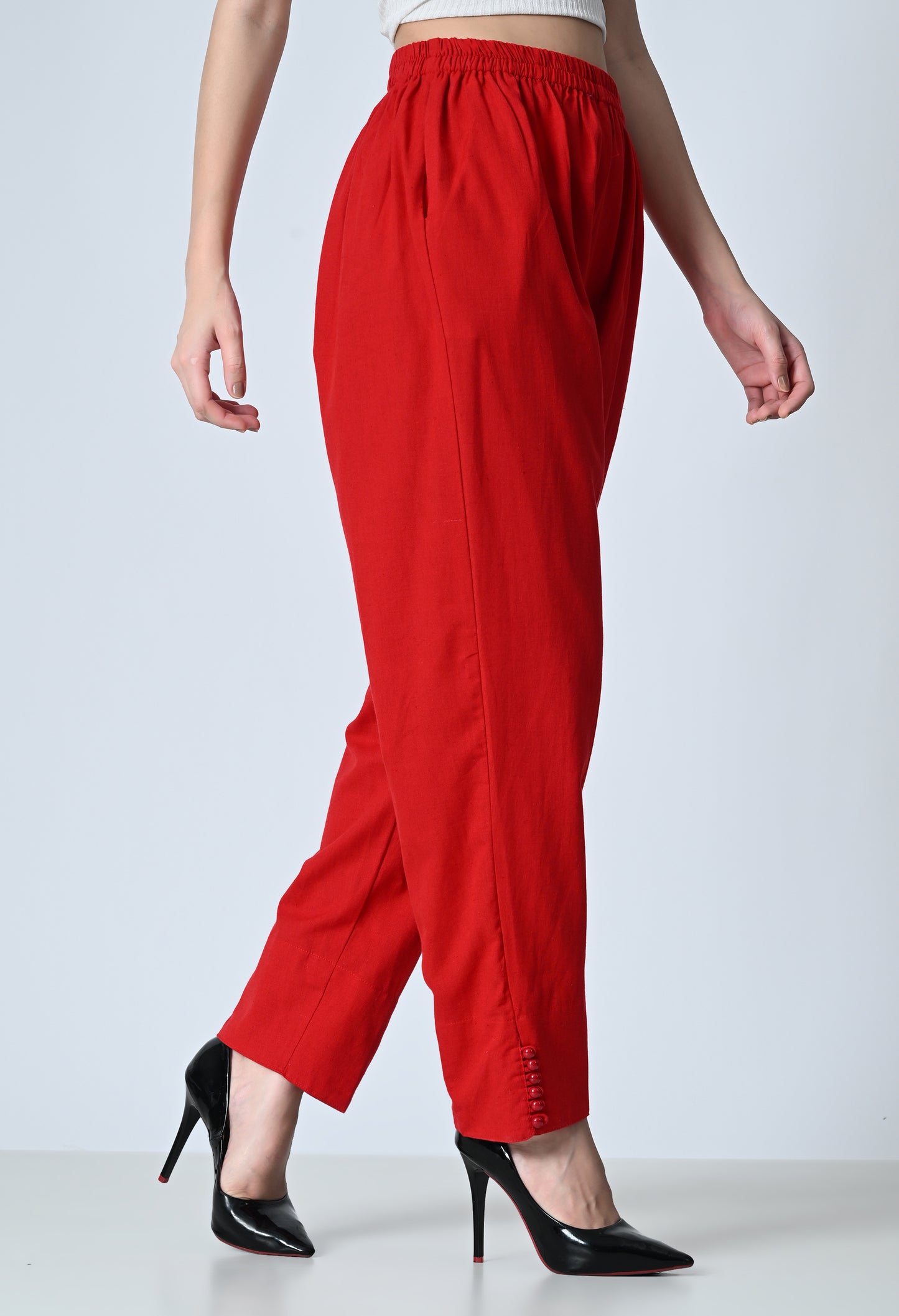 MAURYA Women's Red 100% Cotton Full-Elasticated Waist Regular Pant with 2 Side Pockets (MPT008)