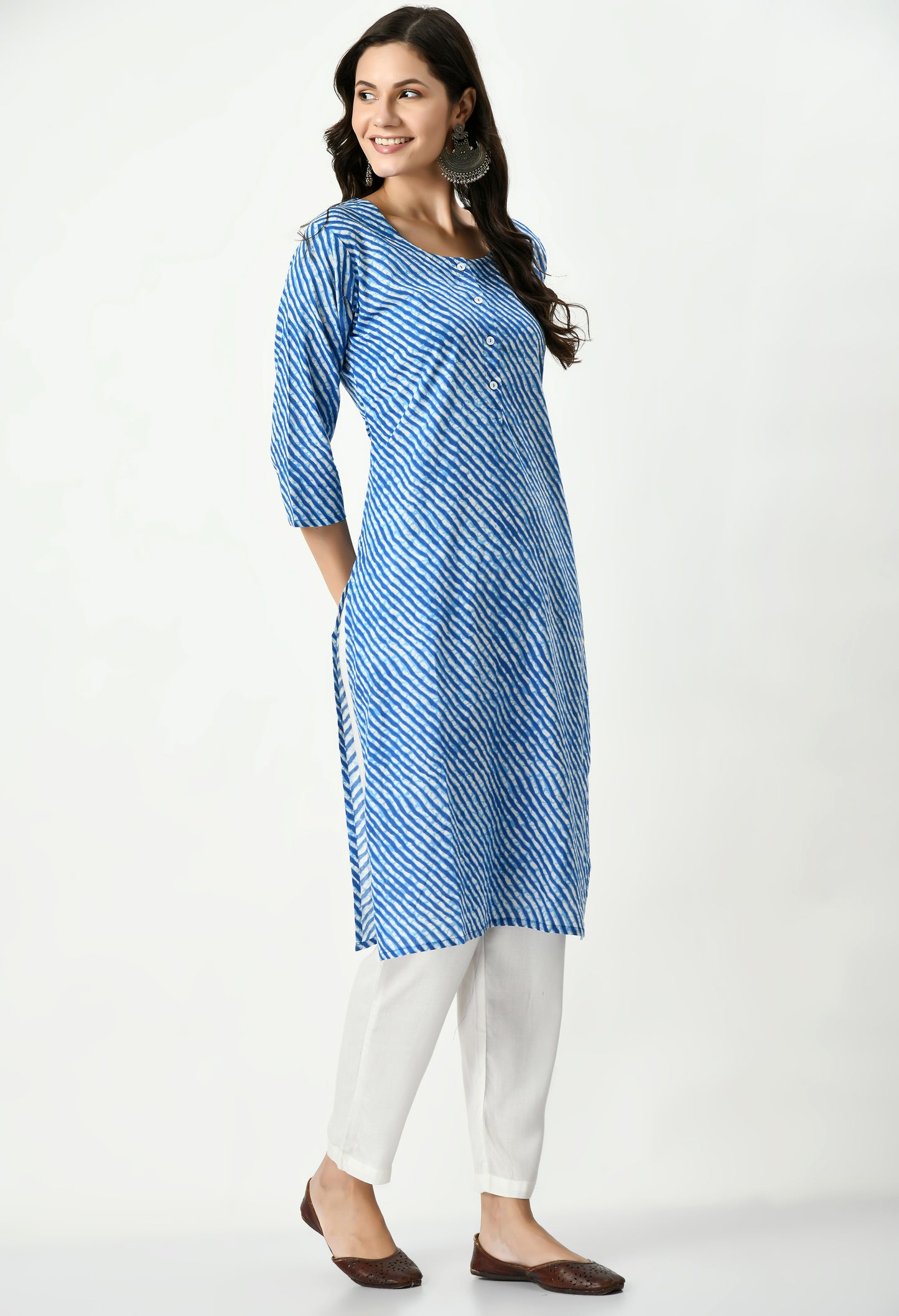 MAURYA Women's Cotton Blue Color Lehriya Print Calf Length Round Neck Straight Kurti (MKT075)