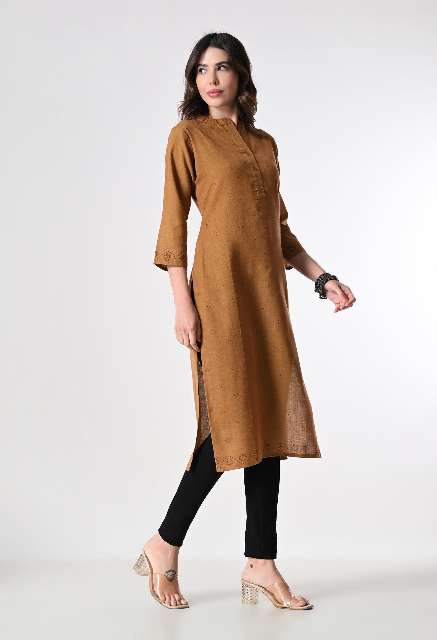 MAURYA Women's Cotton Blend Printed Coffee Calf Length High Neck Straight Kurta