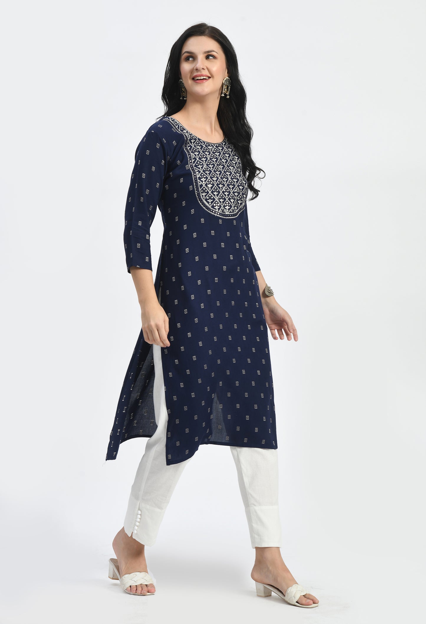 MAURYA Women's Navy Self Rayon Boota Solid Straight Kurta with Computer Embroidery Mirror Work Kurti (MKT112)