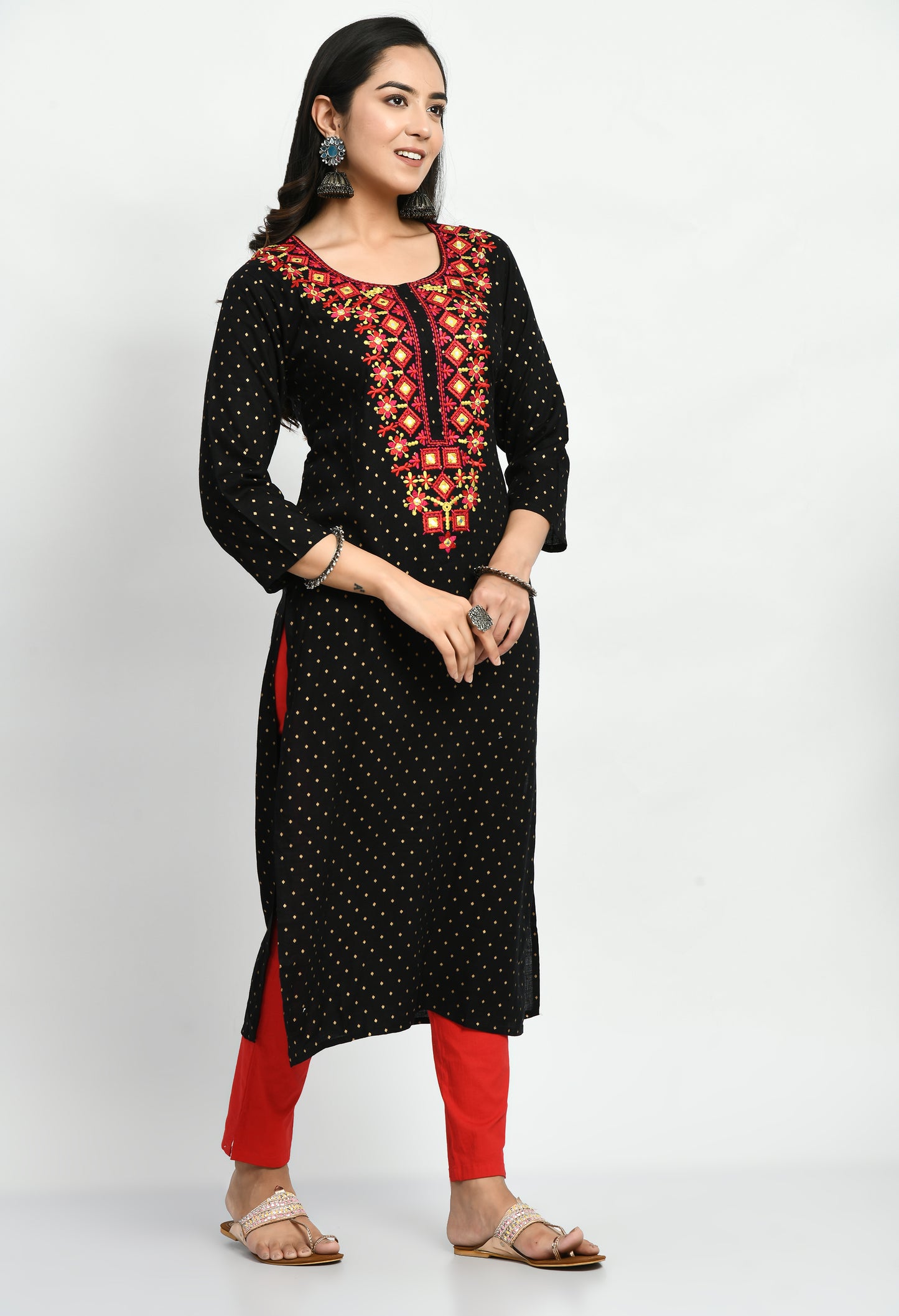 MAURYA Women's Rayon Slub Black Solid Mirror Embroidery Calf Length Straight Kurti (MKT048)