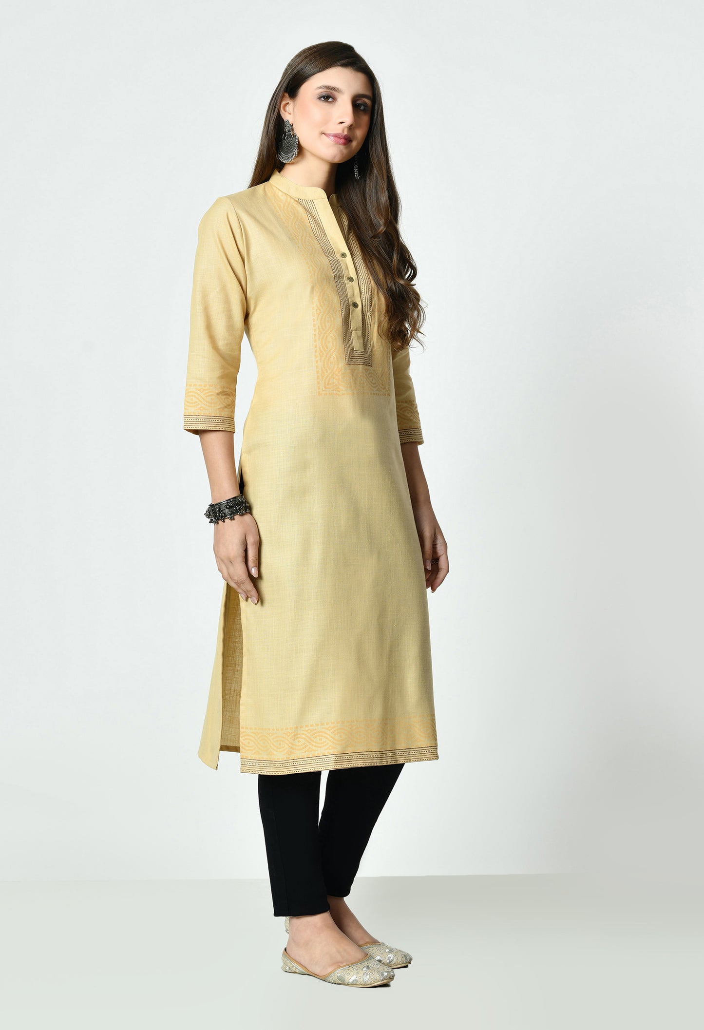 MAURYA Women's Fawn Colour Printed Straight Cotton Kurti (MKT152)