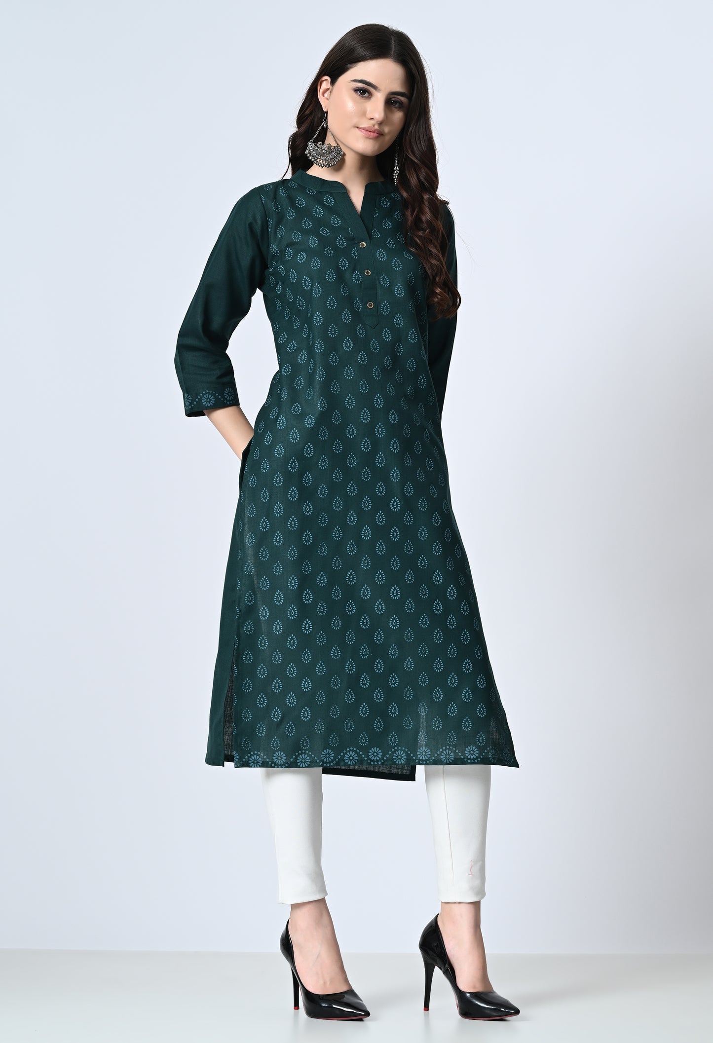 MAURYA Women's Cotton Blend Printed Bottle Green Calf Length High Neck Straight Kurta (MKT137)