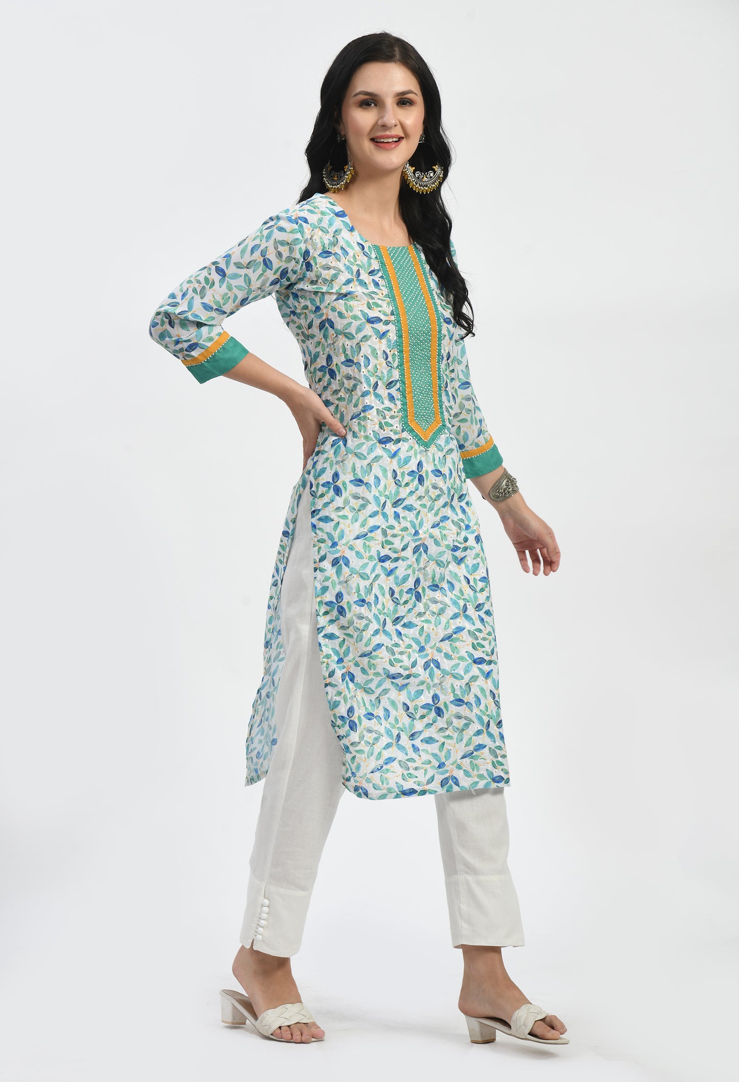 MAURYA Women's Blue Cotton 60*60 Straight Leaf Print Kurta with Shifly Chiken Work Kurti (MKT120)