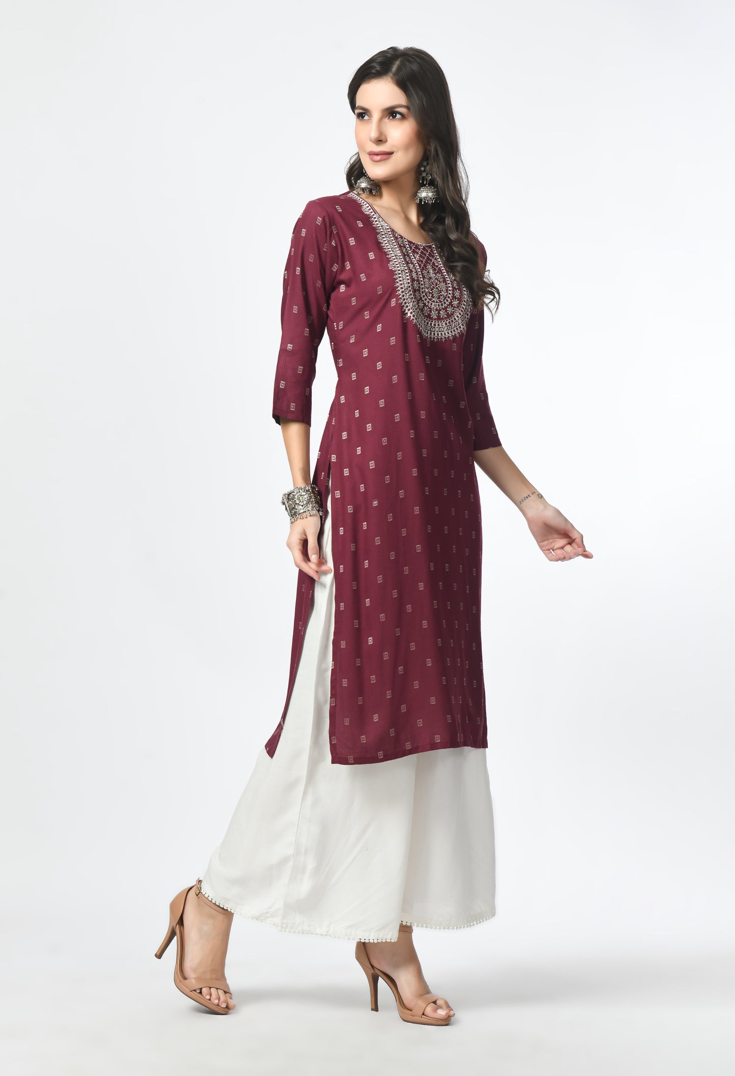 MAURYA Women's Navy Self Rayon Boota Solid Straight Kurta with Computer Embroidery Mirror Work Kurti (MKT113)