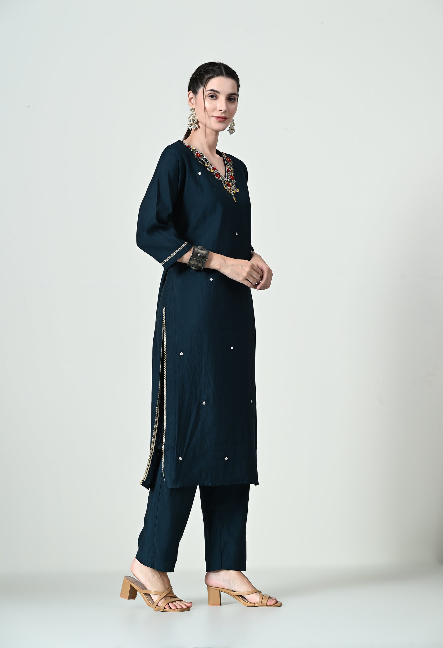 MAURYA Women's Navy Blue Colour Poly Silk Embroidered V-Neck Kurta Set with Stylish Dupatta (WMKS002)